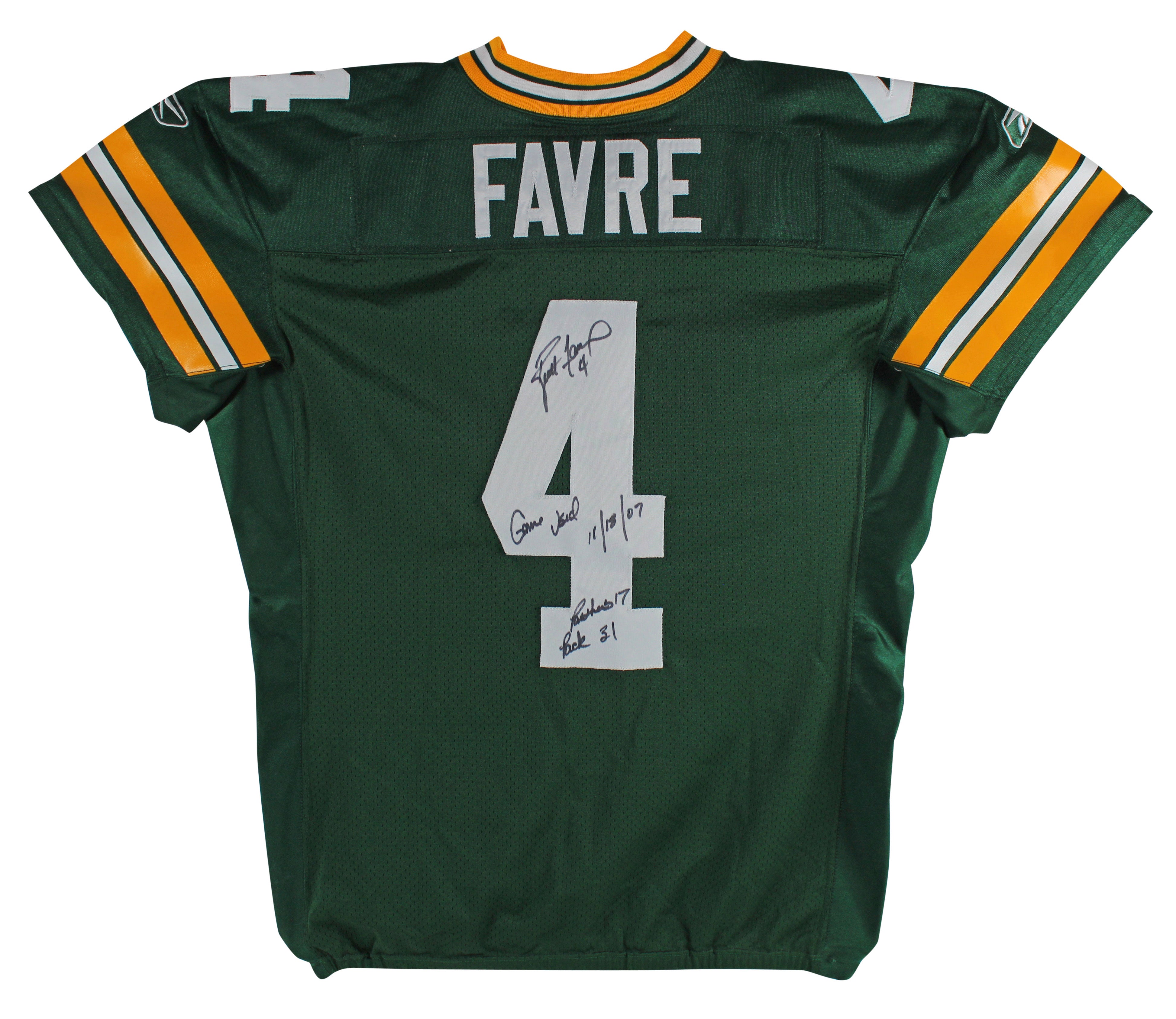 Packers Brett Favre Signed Game Used Green Reebok Jersey BAS & Photomatched!