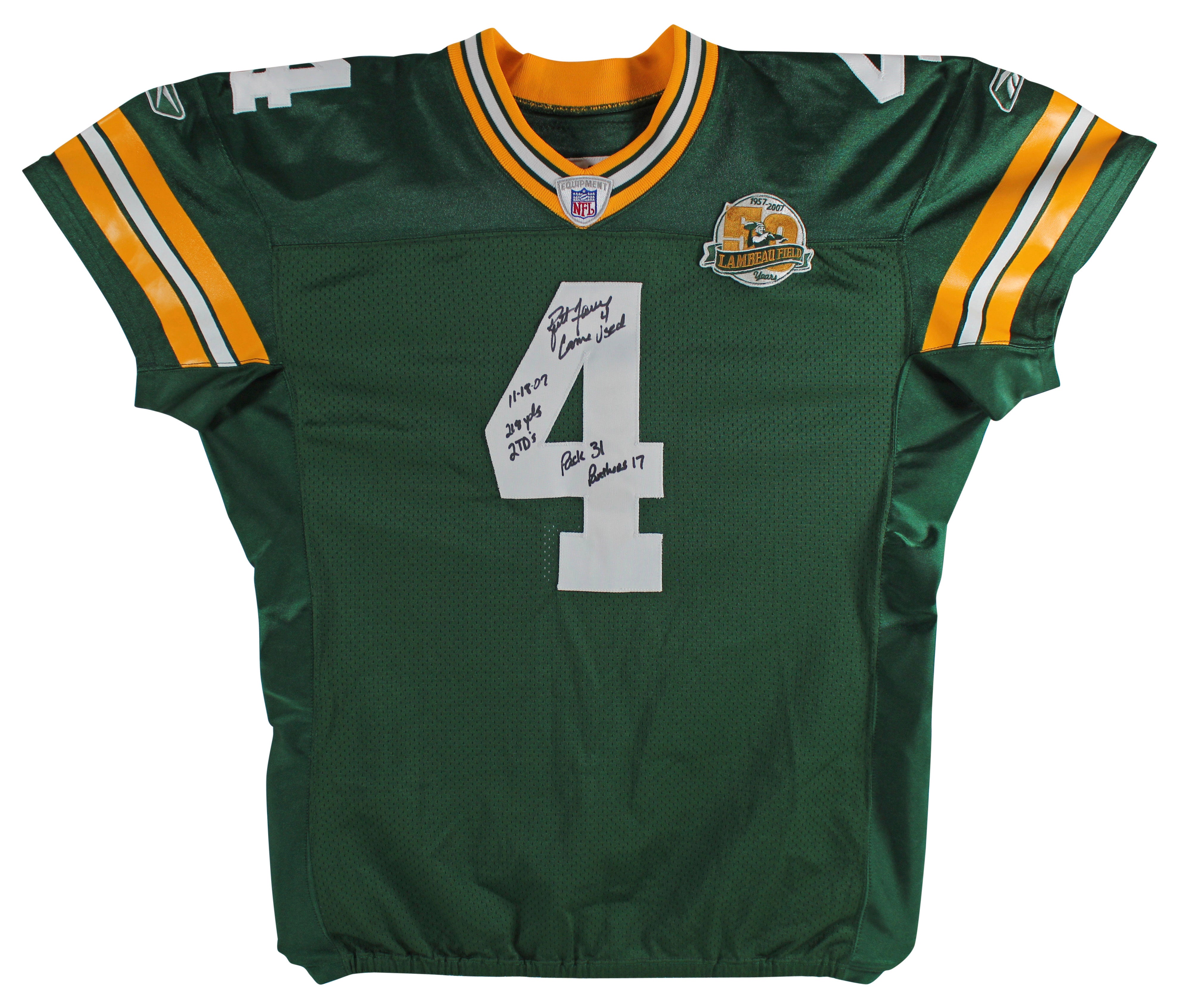 Packers Brett Favre Signed Game Used Green Reebok Jersey BAS & Photomatched!