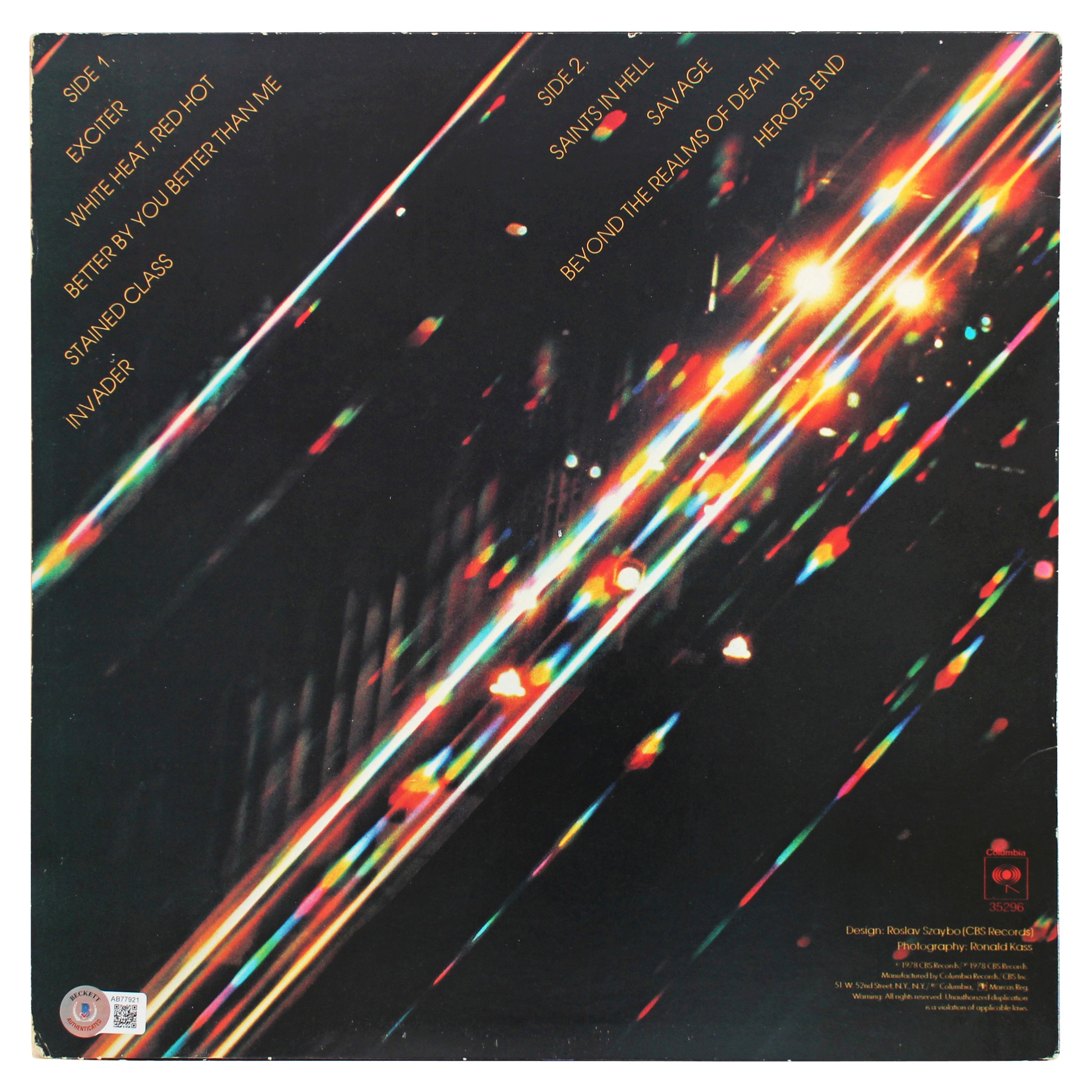 Judas Priest (3) Halford, Hill & Tipton Signed Stained Class Album Cover BAS