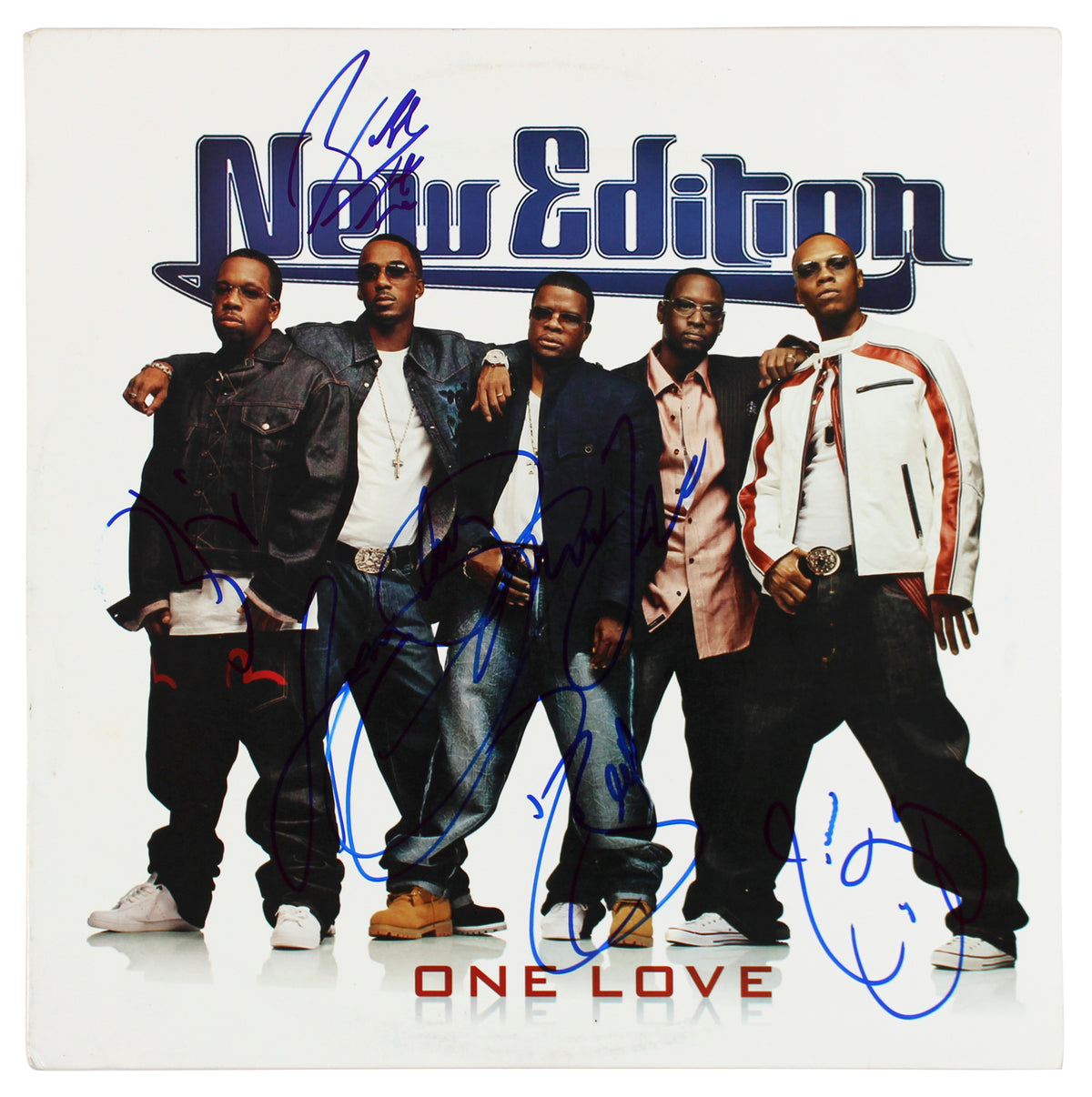 New Edition (5) Gill, Bell, Bivins +2 Signed One Love Album Cover BAS #AB77923