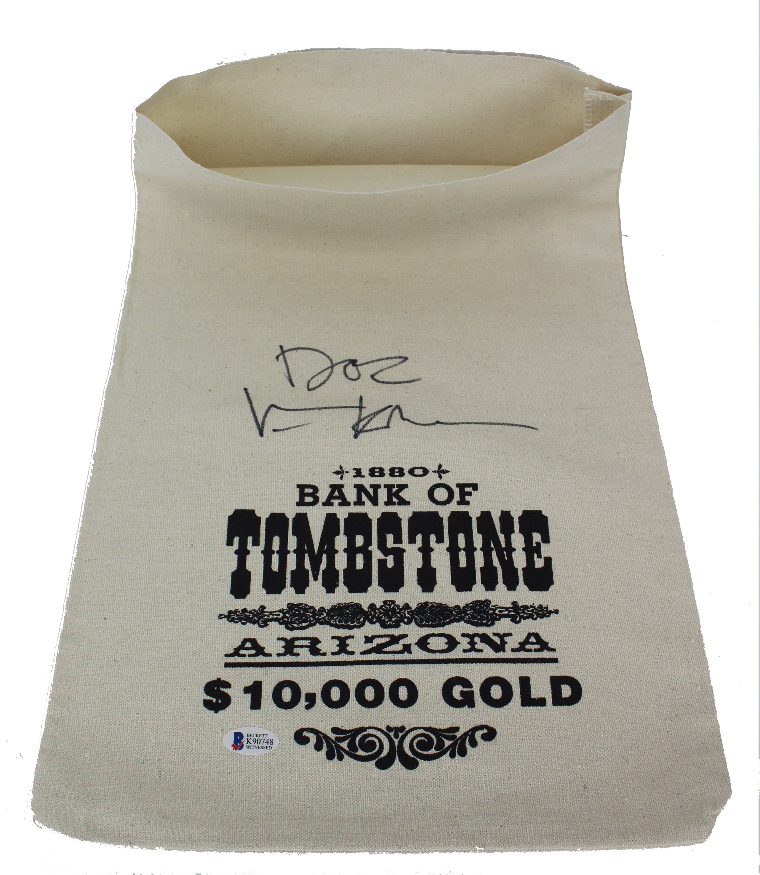 Val Kilmer "Doc" Signed 1880 Bank Of Tombstone Canvas Prop Money Bag BAS Witness