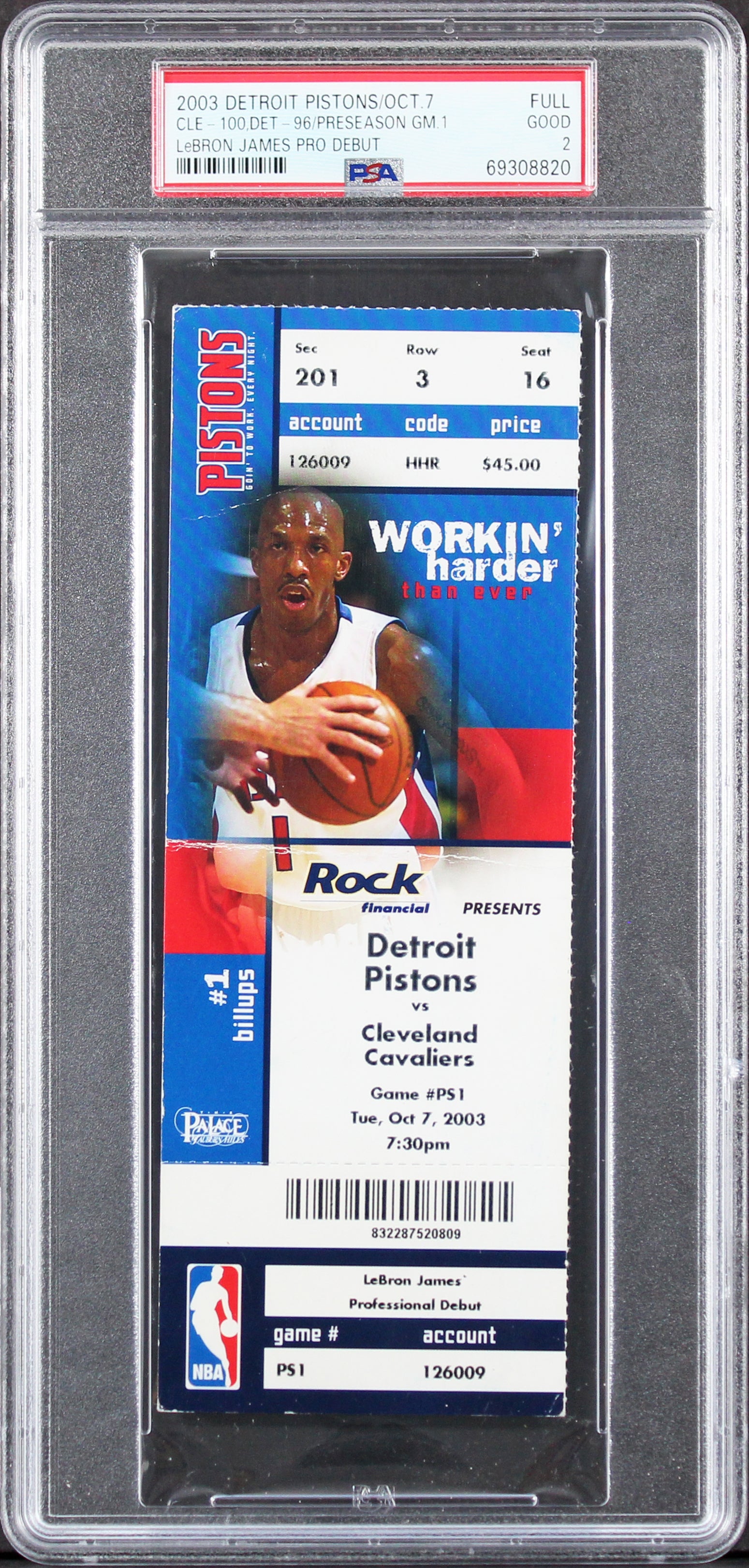 Cavaliers LeBron James 2003 NBA Debut Full Ticket Graded Good 2 PSA Slabbed