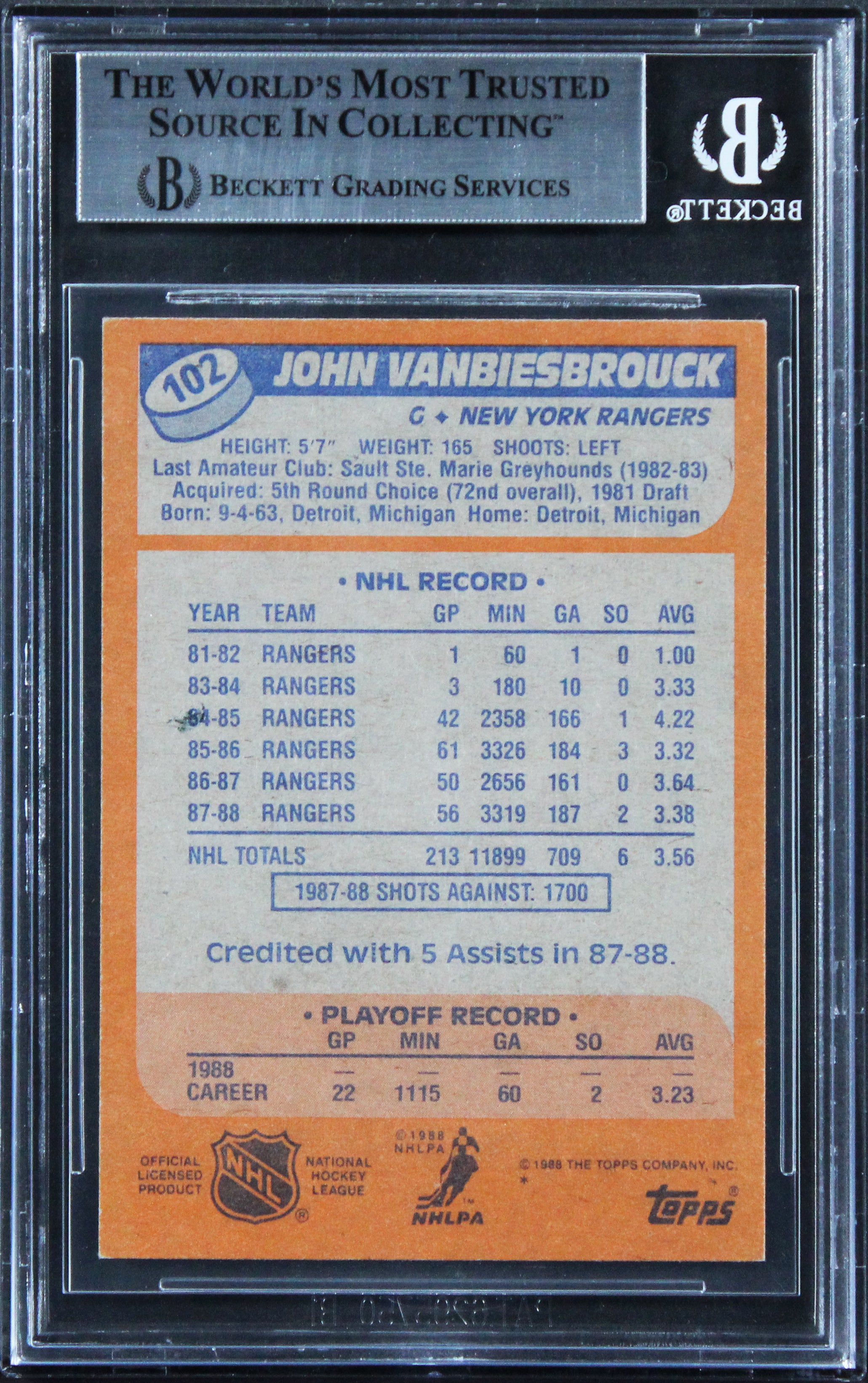 Rangers John Vanbiesbrouck Authentic Signed 1988 Topps #102 Card BAS Slabbed 2