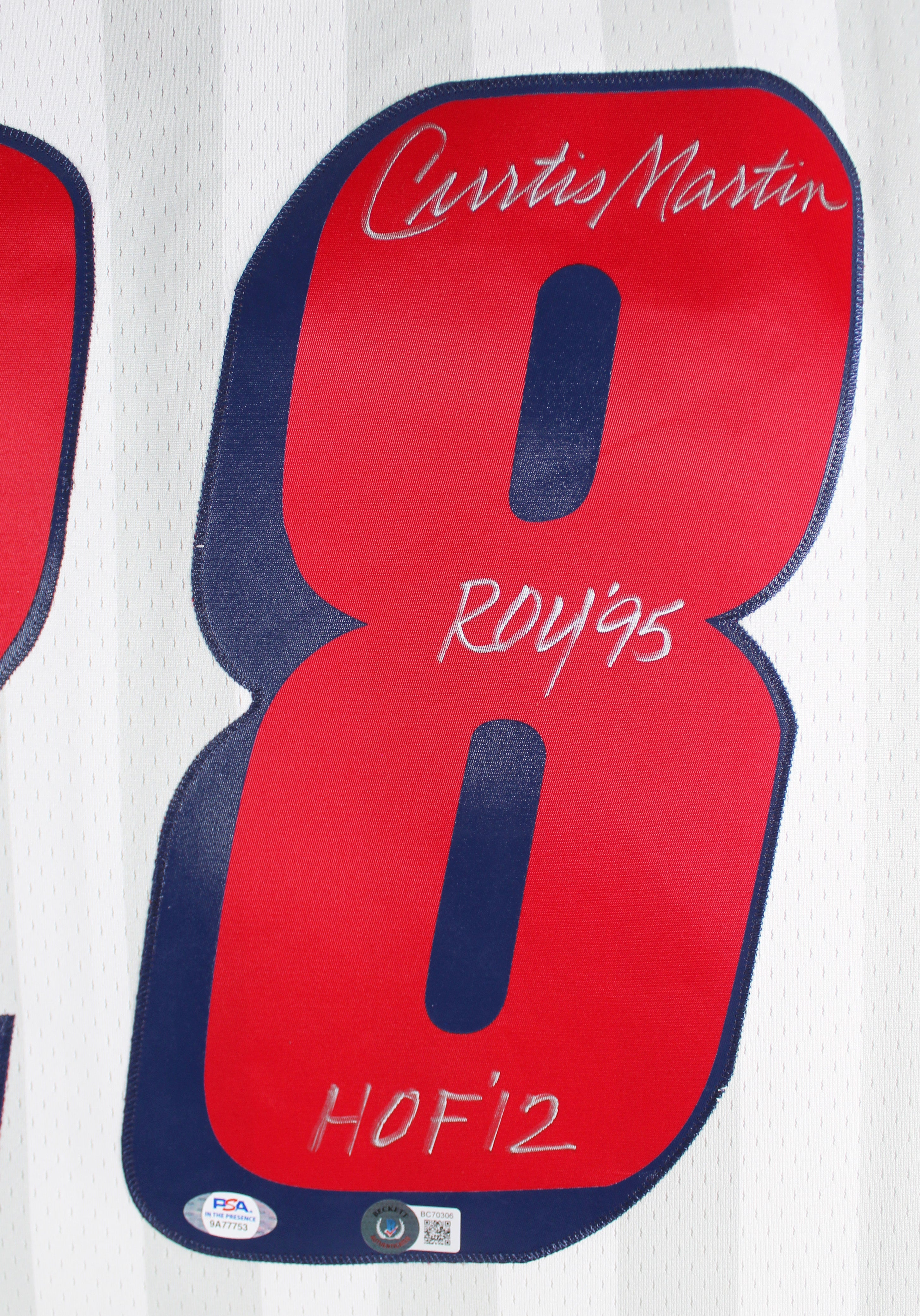 Patriots Curtis Martin "2x Insc" Authentic Signed White M&N Jersey BAS #BC70306