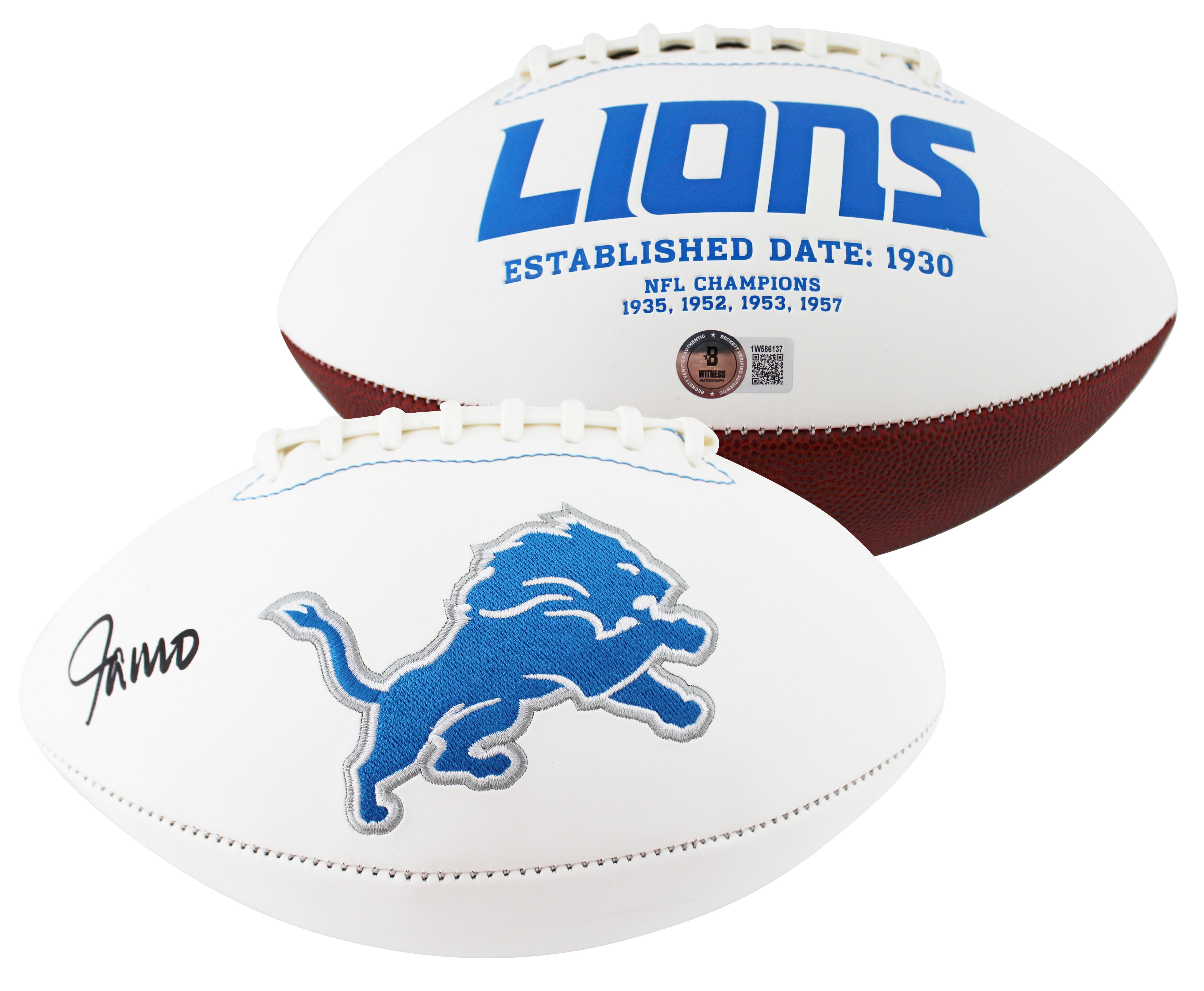 Lions Jameson Williams Signed White Panel Logo Football W/ Case BAS Witnessed