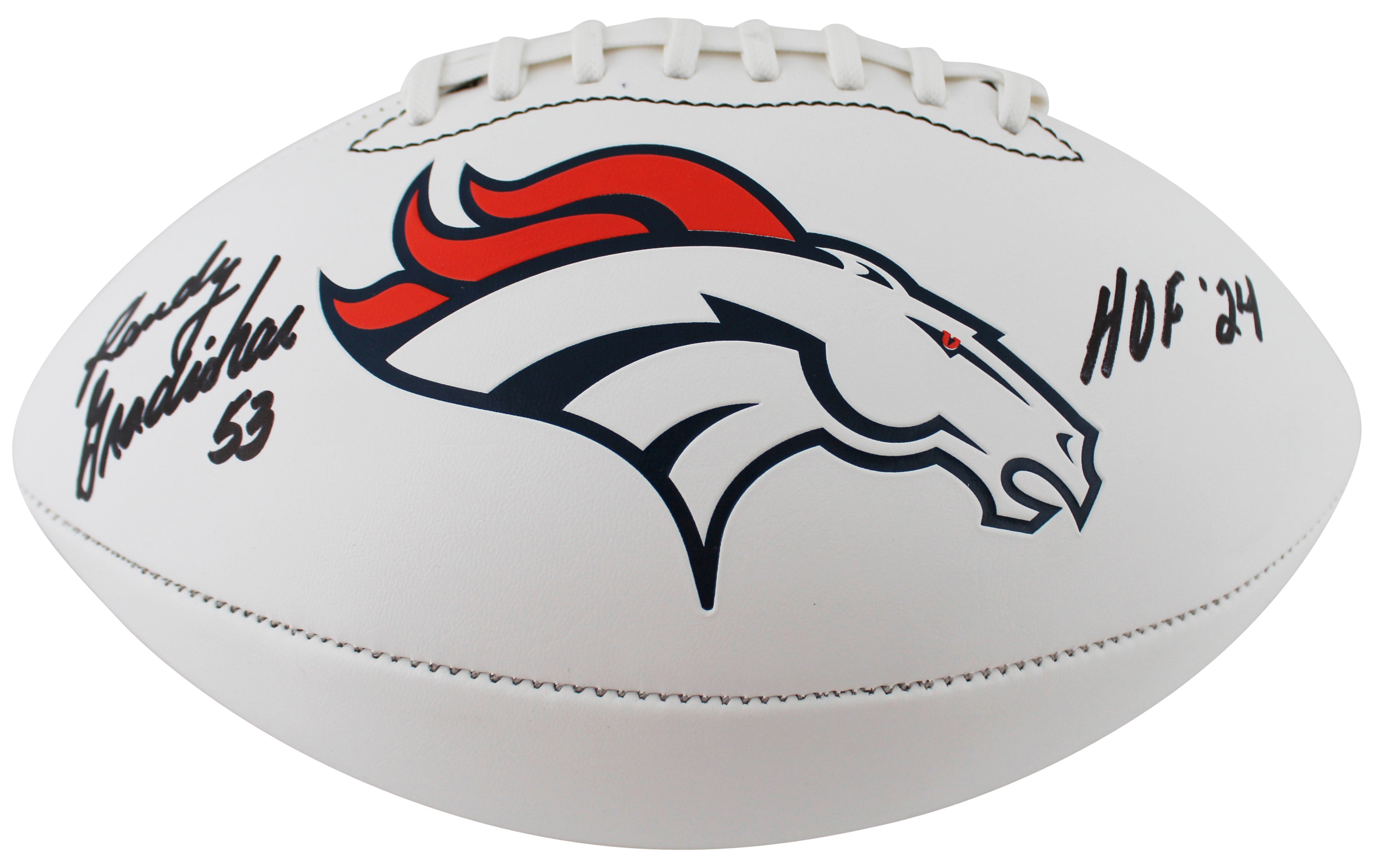 Broncos Randy Gradishar "HOF 24" Signed White Panel Logo Football W/ Case BAS W