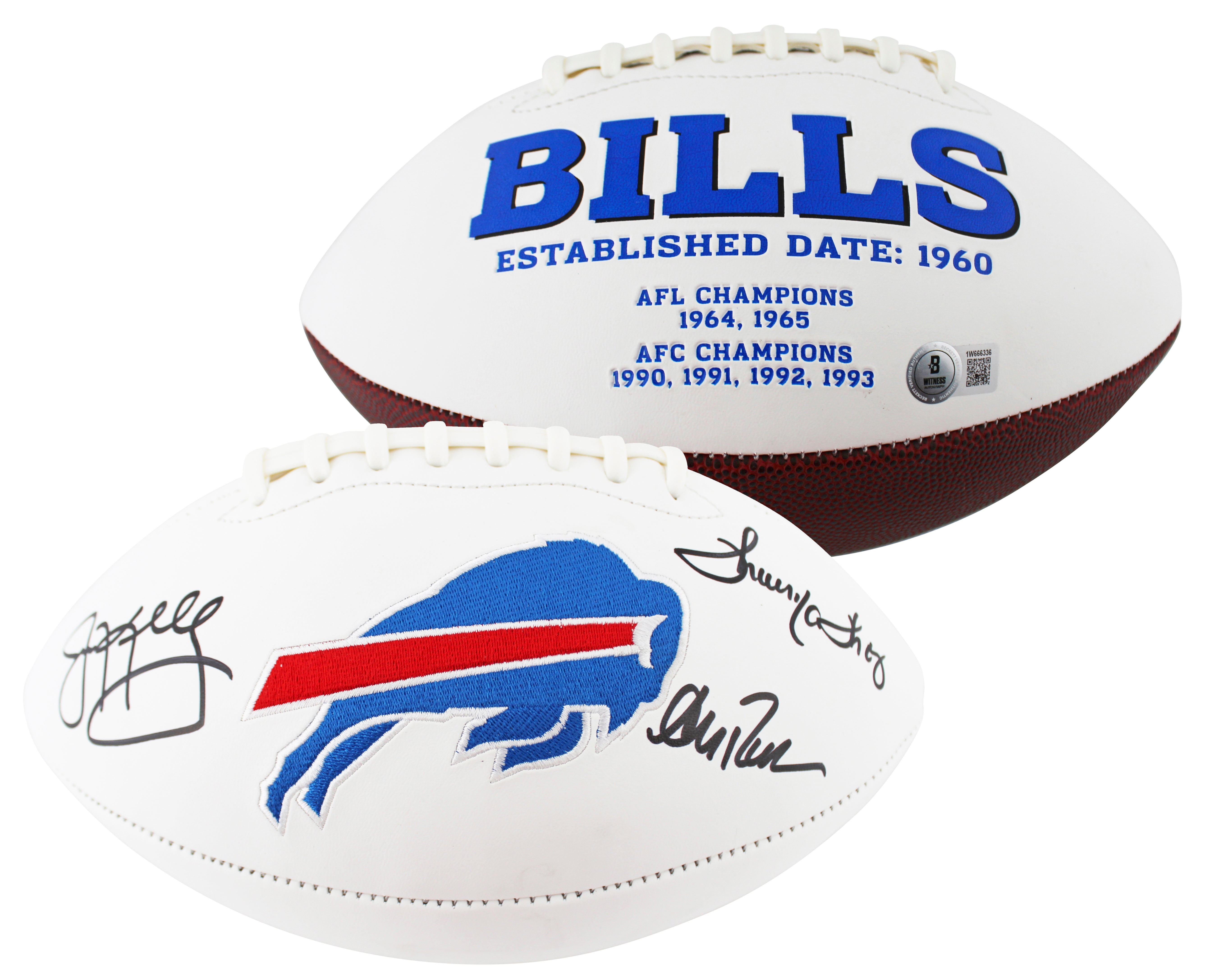 Bills (3) Reed, Kelly & Thomas Signed Rawlings White Panel Logo Football BAS Wit