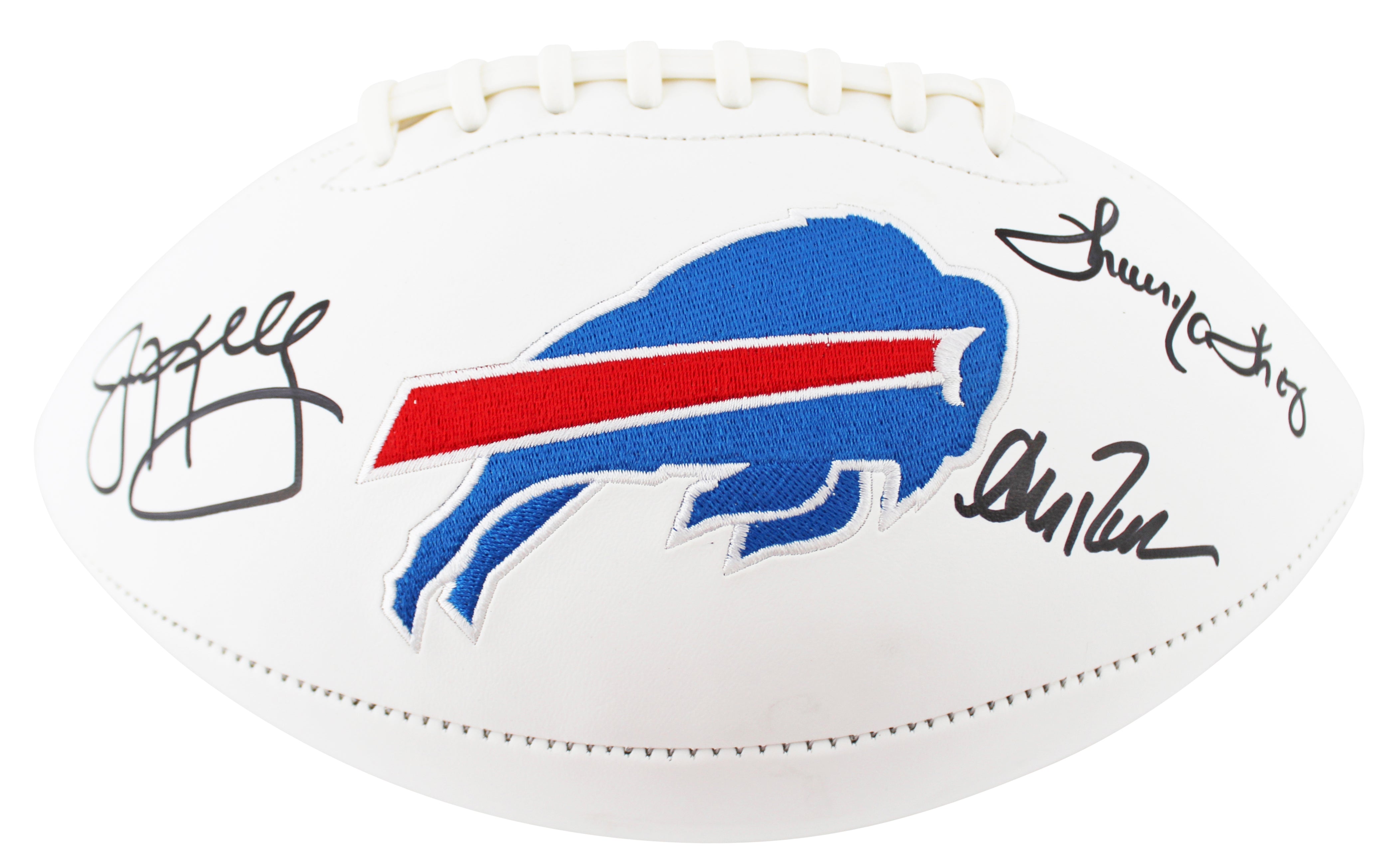 Bills (3) Reed, Kelly & Thomas Signed White Panel Logo Football W/ Case BAS Wit