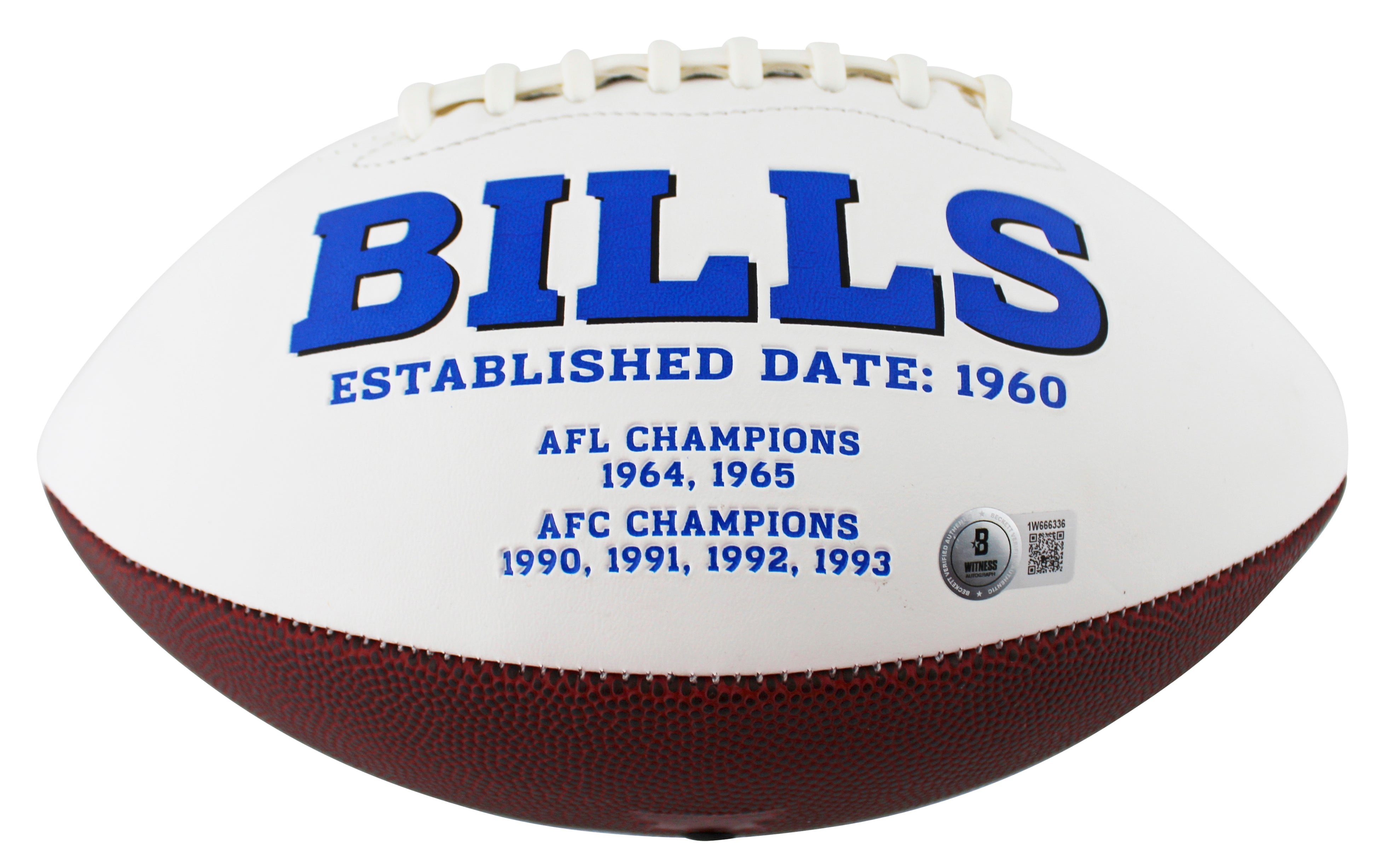 Bills (3) Reed, Kelly & Thomas Signed White Panel Logo Football W/ Case BAS Wit