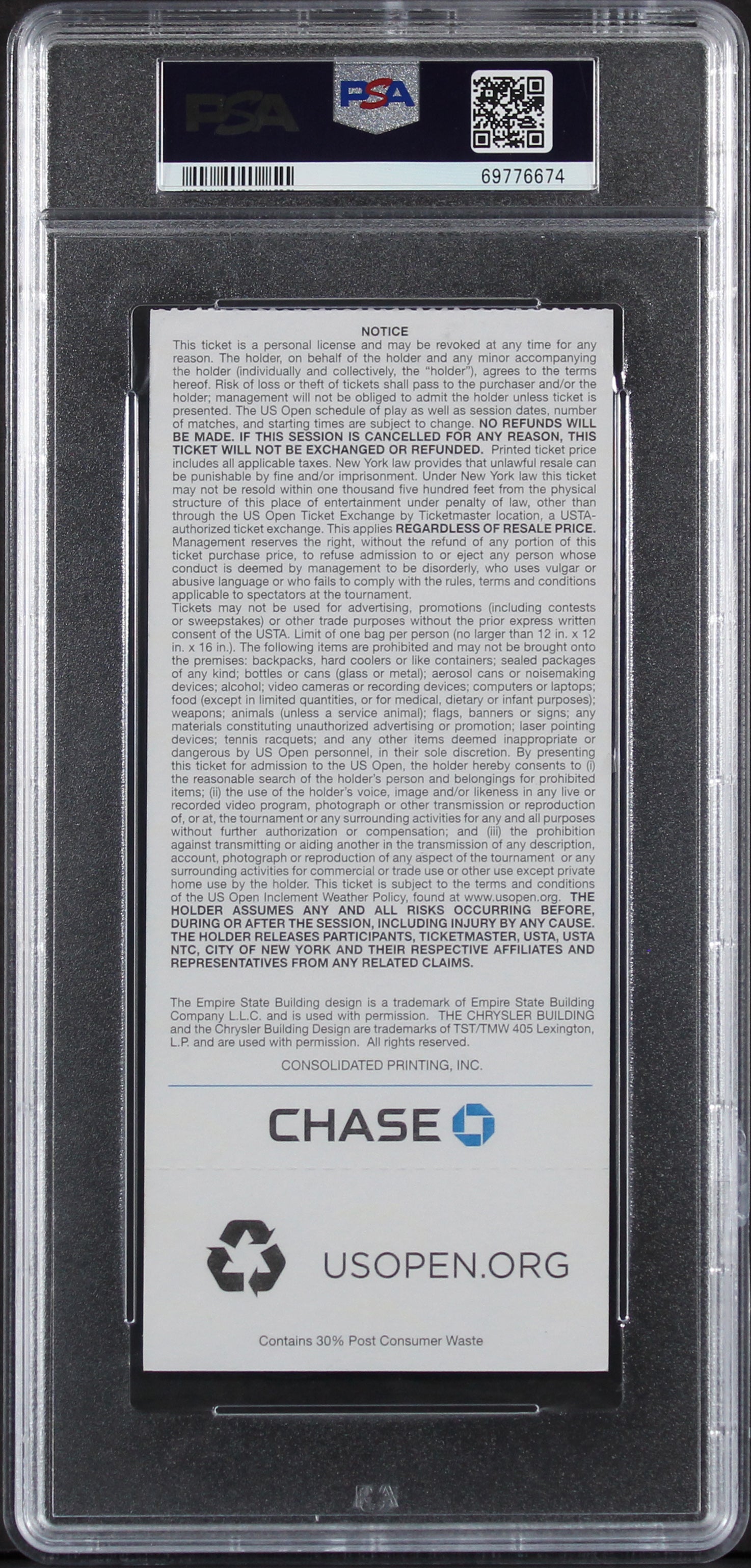 Serena Williams Authentic Signed 2014 U.S. Open Ticket Stub PSA/DNA Slabbed