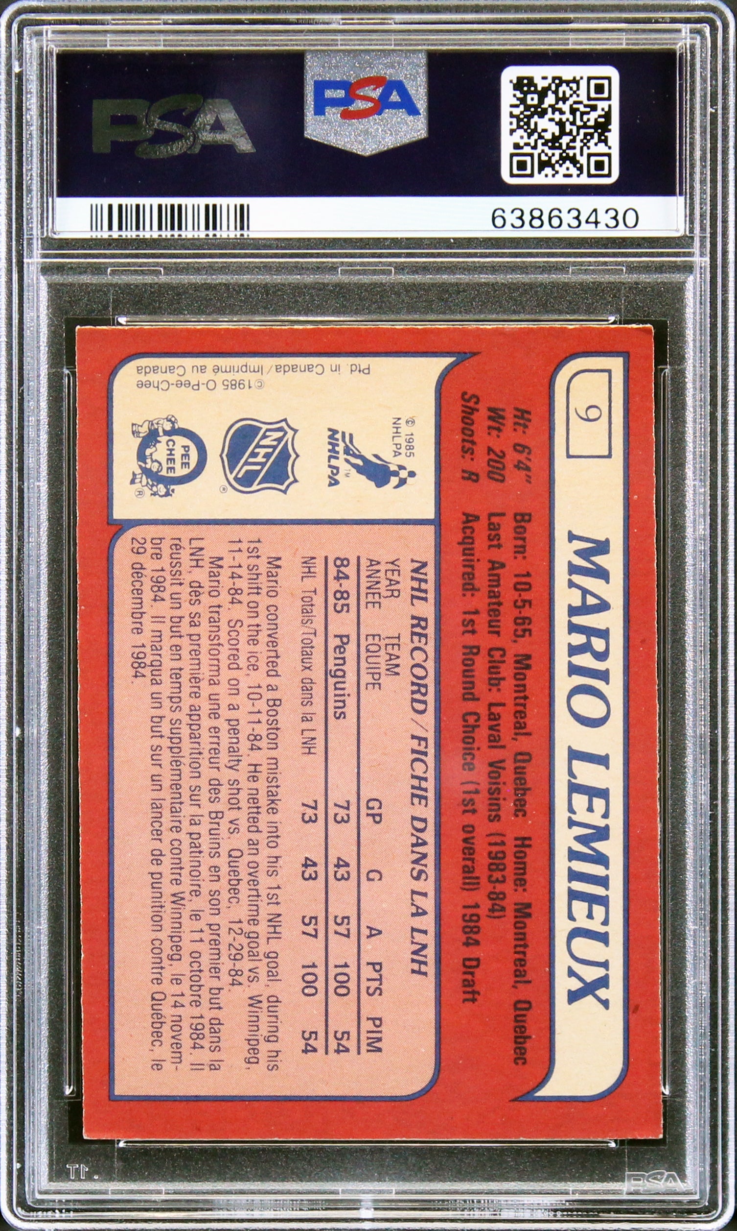 Mario Lemieux Signed 1985 O-Pee-Chee #9 RC Card Graded 6 Auto Grade 8 PSA Slab