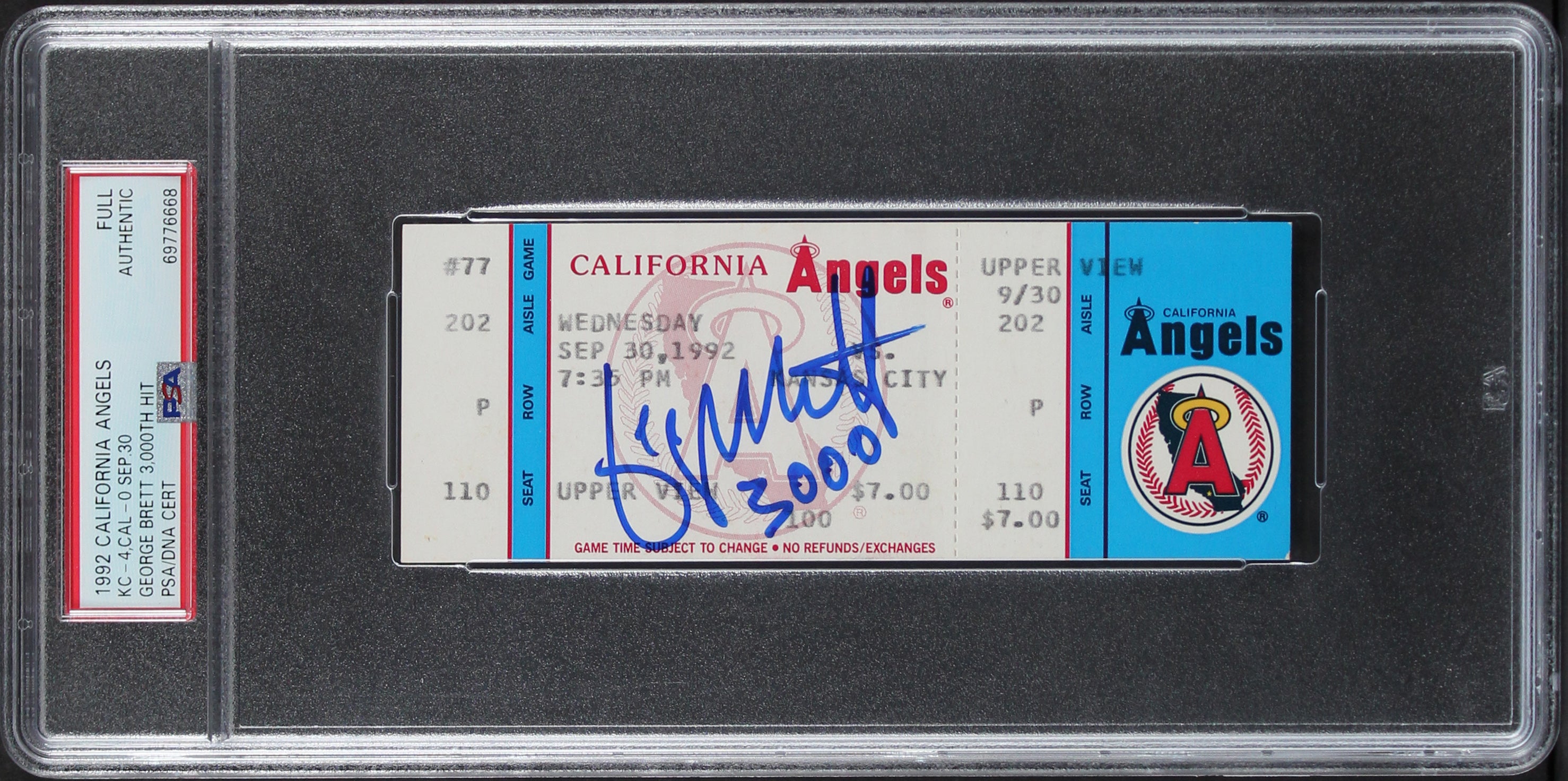 Royals George Brett "3000" Signed 1992 3000th Hit Game Full Ticket Stub PSA Slab