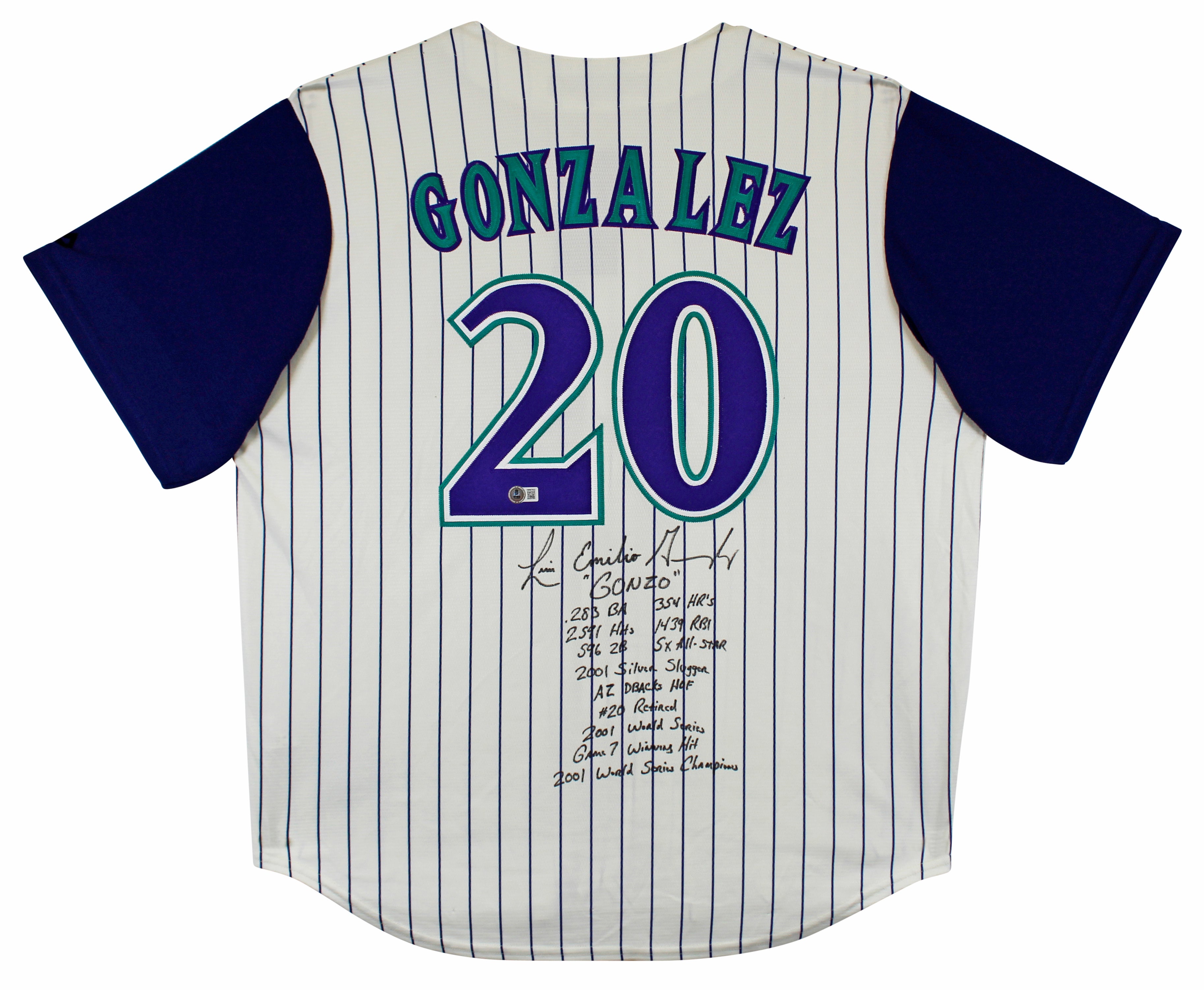 D-Backs Luis Gonzalez "Career Stat" Signed White Pinstripe Majestic Jersey BAS W