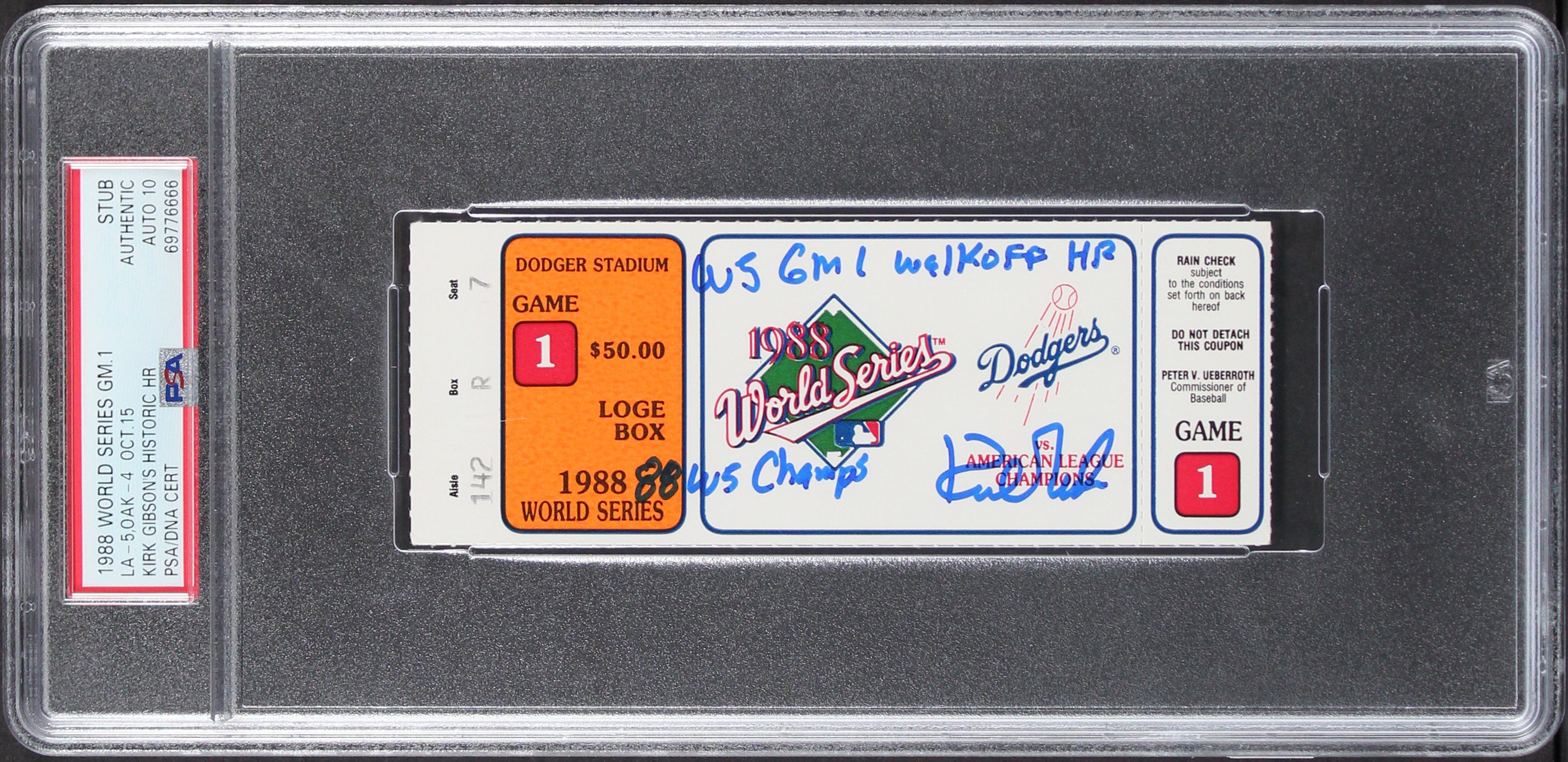 Dodgers Kirk Gibson "2x Insc" Signed 1988 WS Game 1 Ticket Auto 10 PSA Slabbed 2