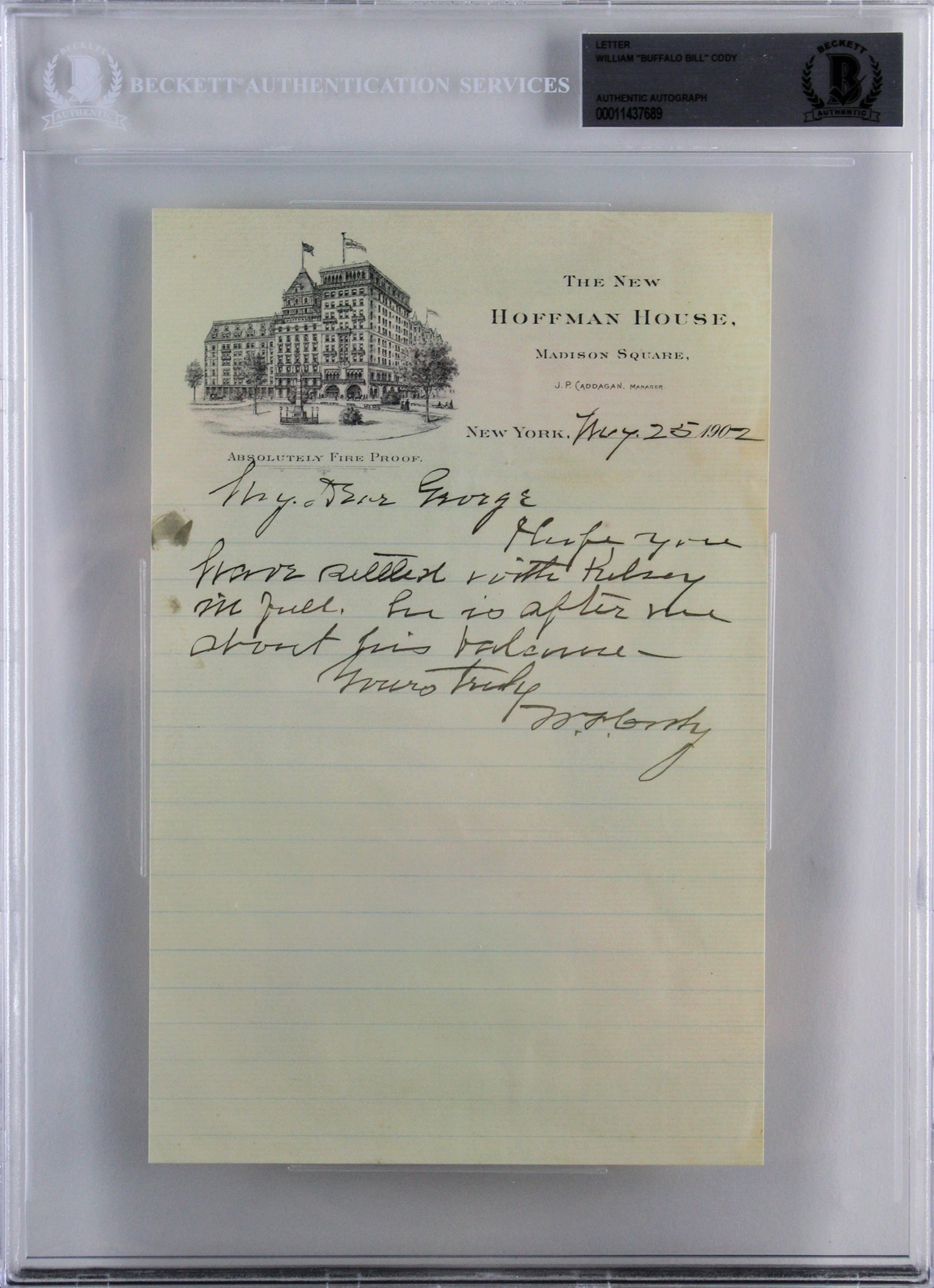 William Cody "Buffalo Bill" Signed 5.75x9 1902 Hand Written Letter BAS Slabbed