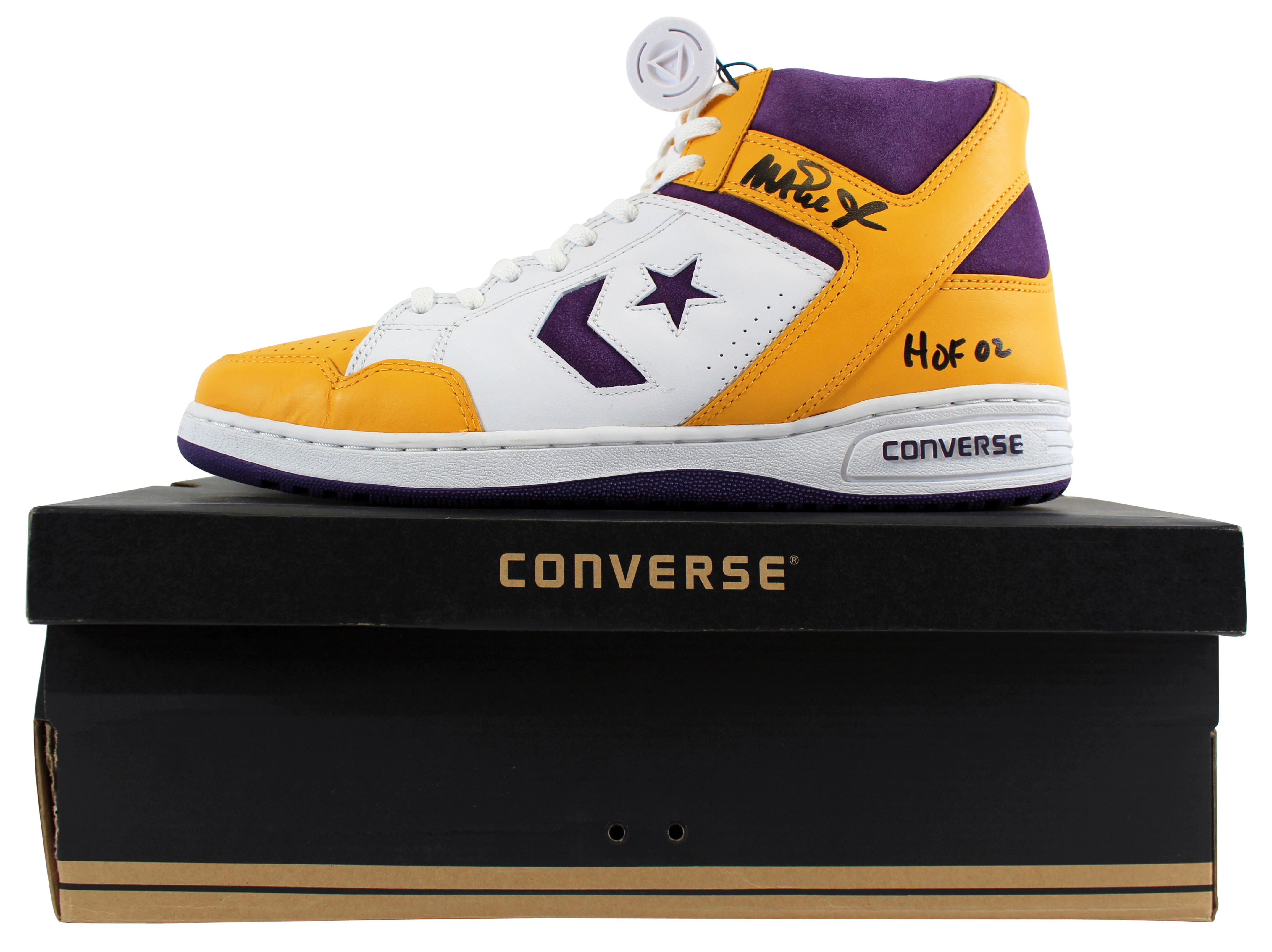 Lakers Magic Johnson "HOF 02" Signed Converse Weapon Shoes w/Box BAS Witness