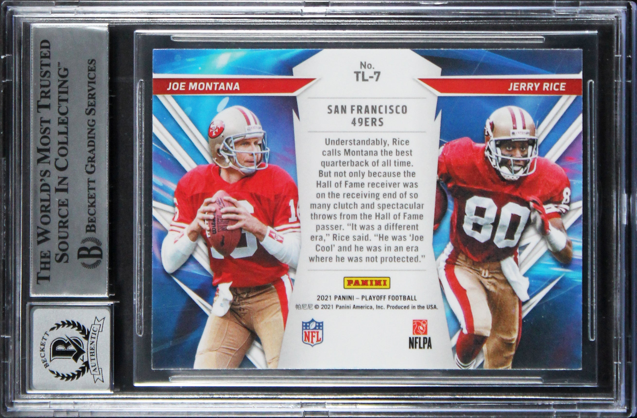 49ers Joe Montana & Jerry Rice Signed 2021 Playoff T&L #7 Card Auto 10! BAS Slab