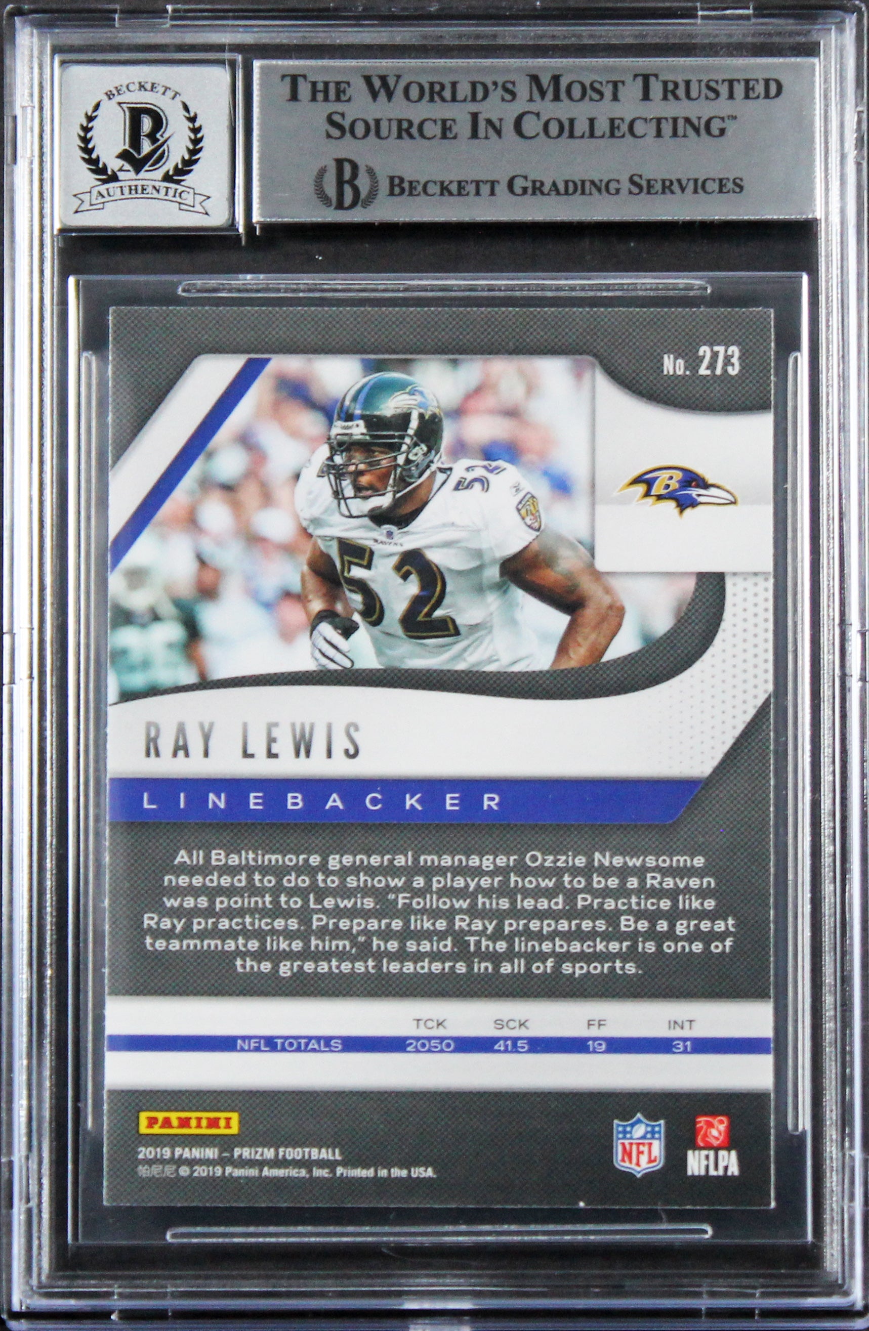 Ravens Ray Lewis Signed 2019 Panini Prizm #273 Card Auto 10! BAS Slabbed