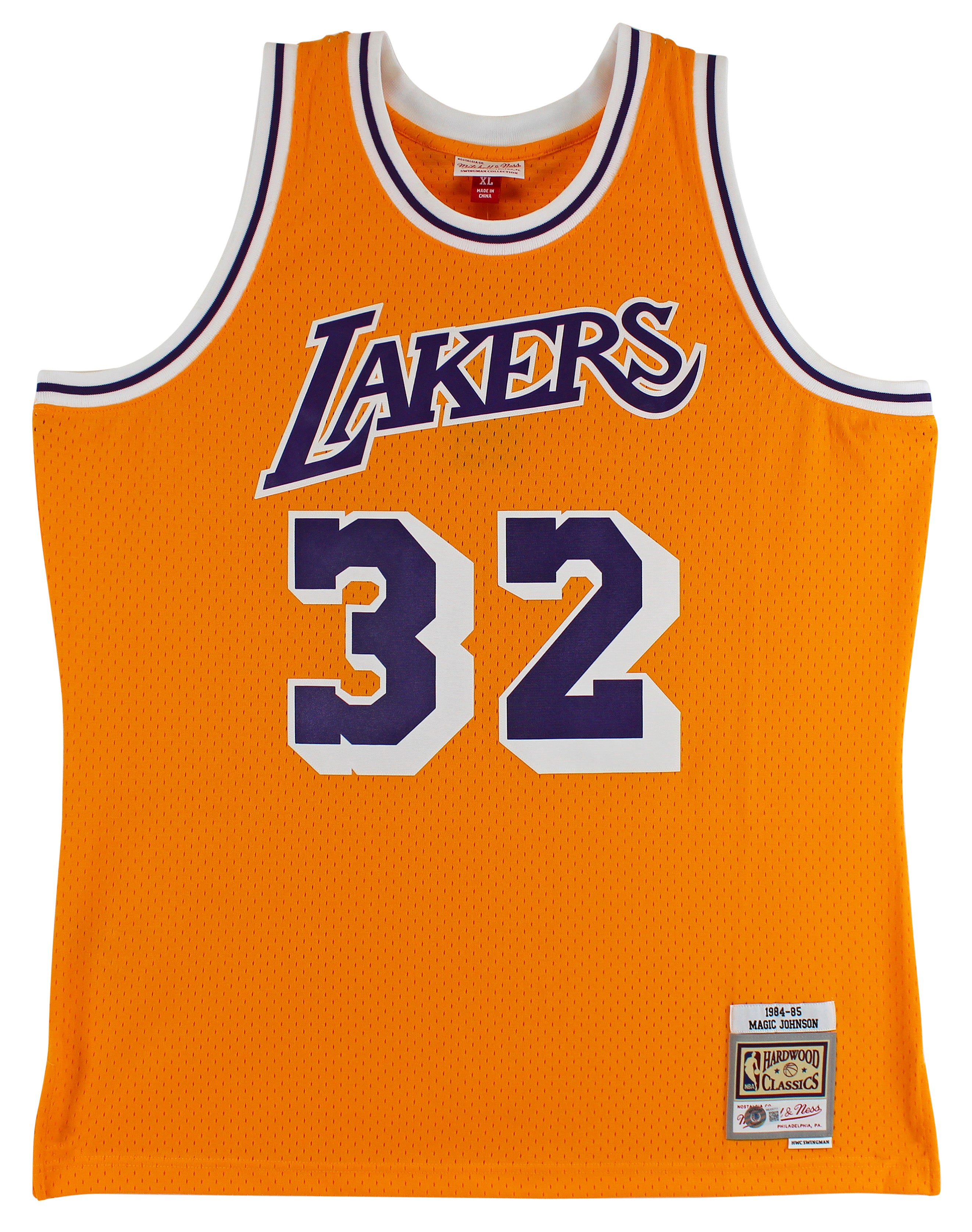 ** HOLIDAY DOORBUSTER ** Lakers Magic Johnson Signed 1984-85 M&N HWC Swingman Yellow Jersey BAS Wit