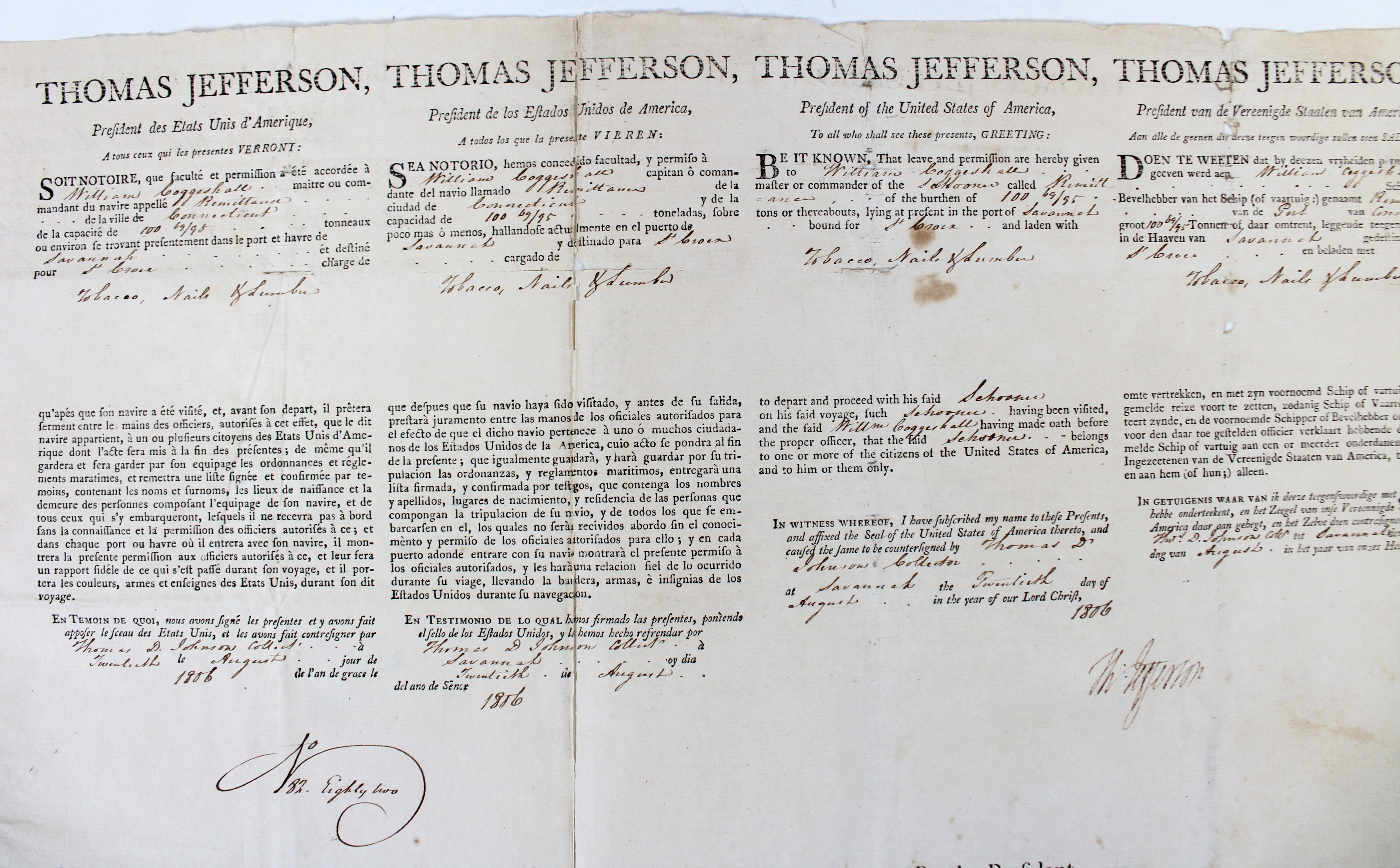 Thomas Jefferson & James Madison Signed 16 x21 1806 4 Language Ship Passport BAS