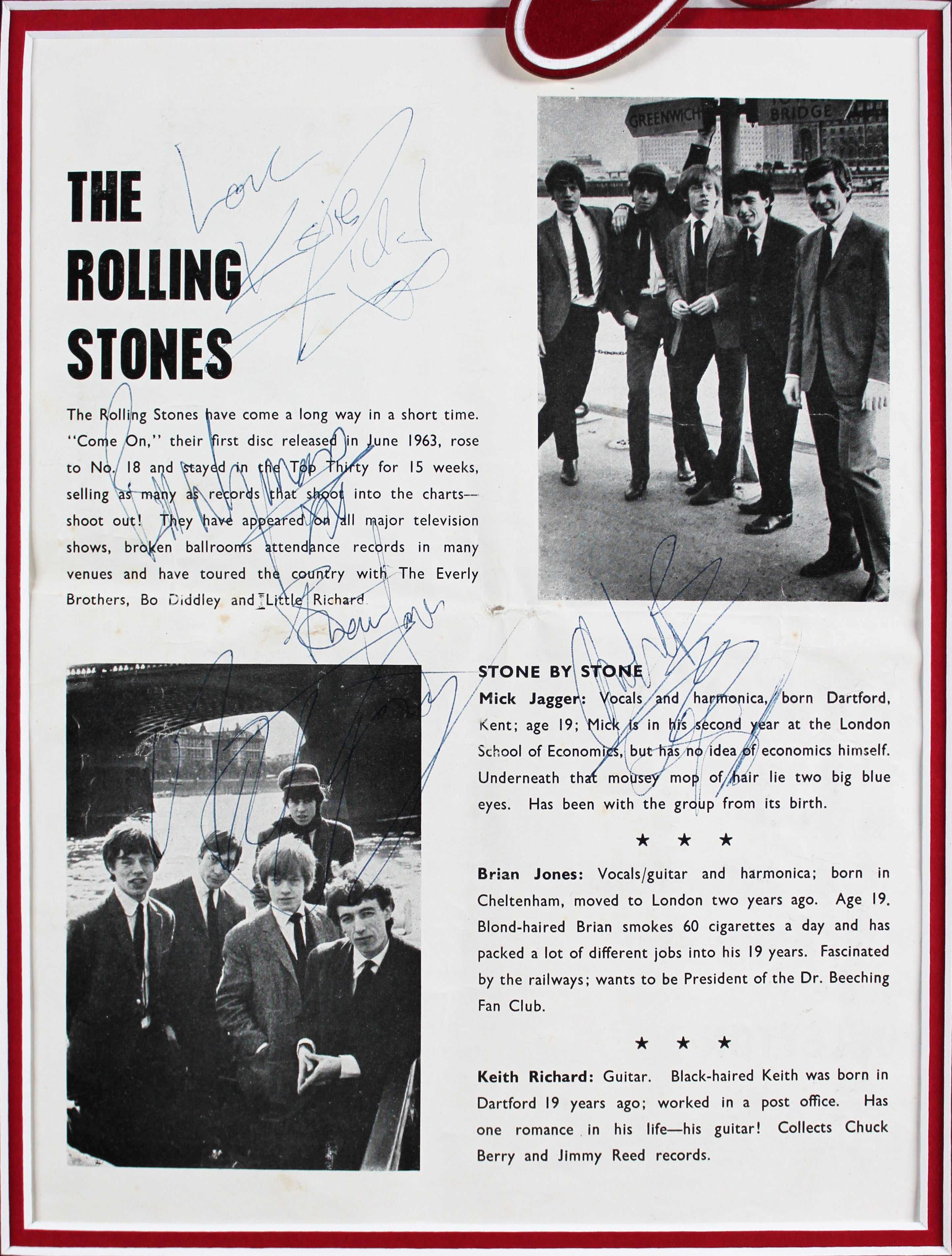 Rolling Stones (5) Jagger, Richards, Wyman +2 Signed & Framed 8.5x11 Program JSA