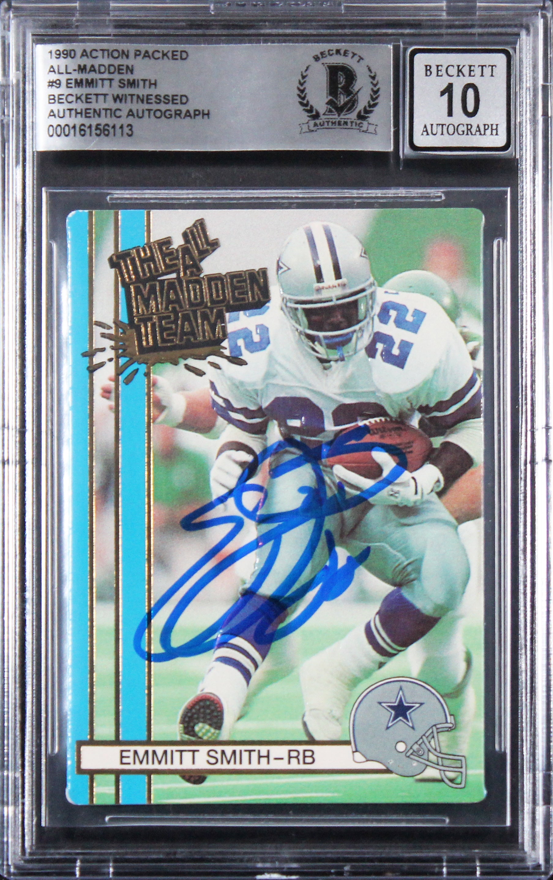 Cowboys Emmitt Smith Signed 1990 Action Packed AM #9 RC Auto 10! BAS Slabbed
