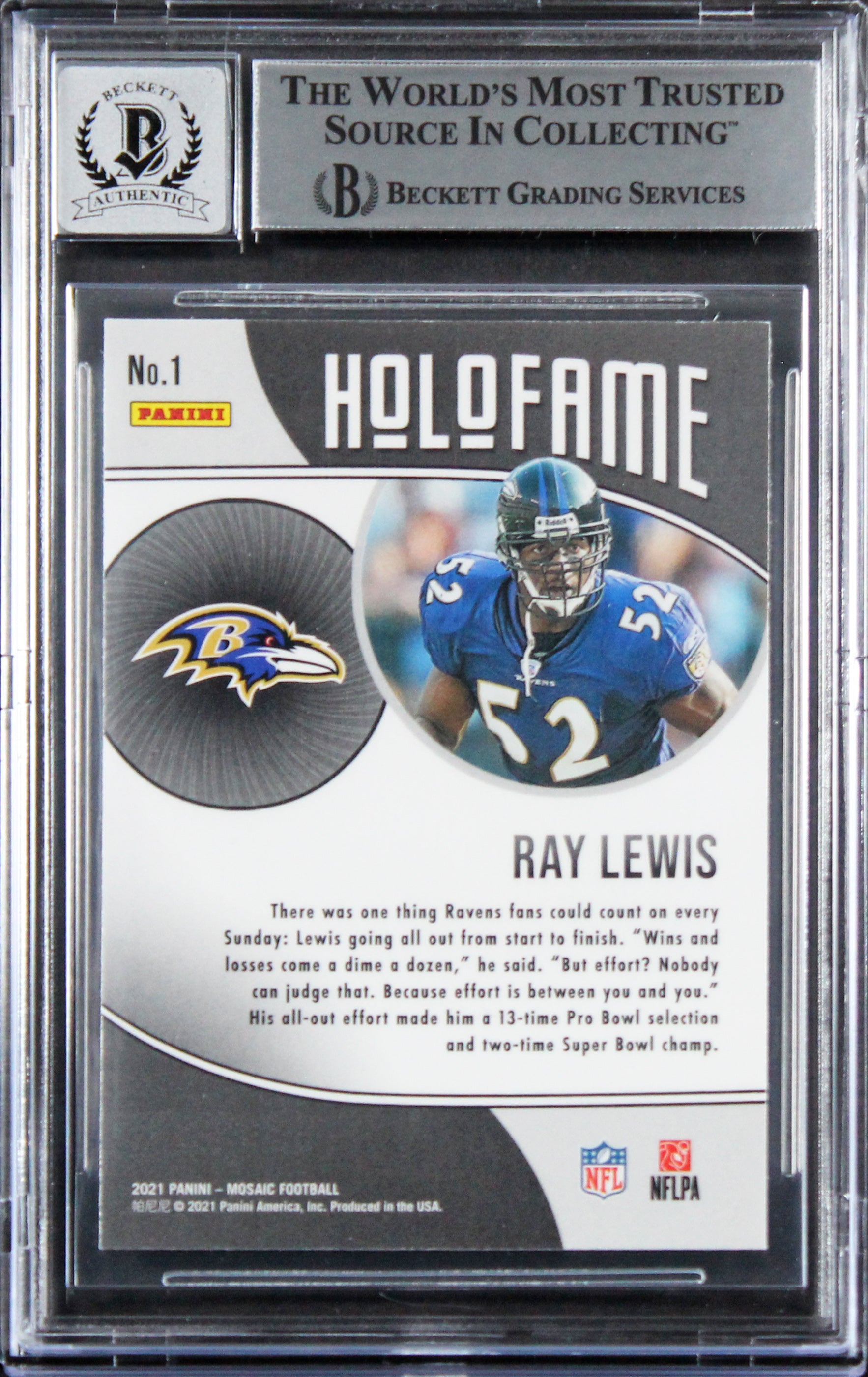 Ravens Ray Lewis Signed 2021 Panini Mosaic Holofame #1 Card Auto 10! BAS Slabbed