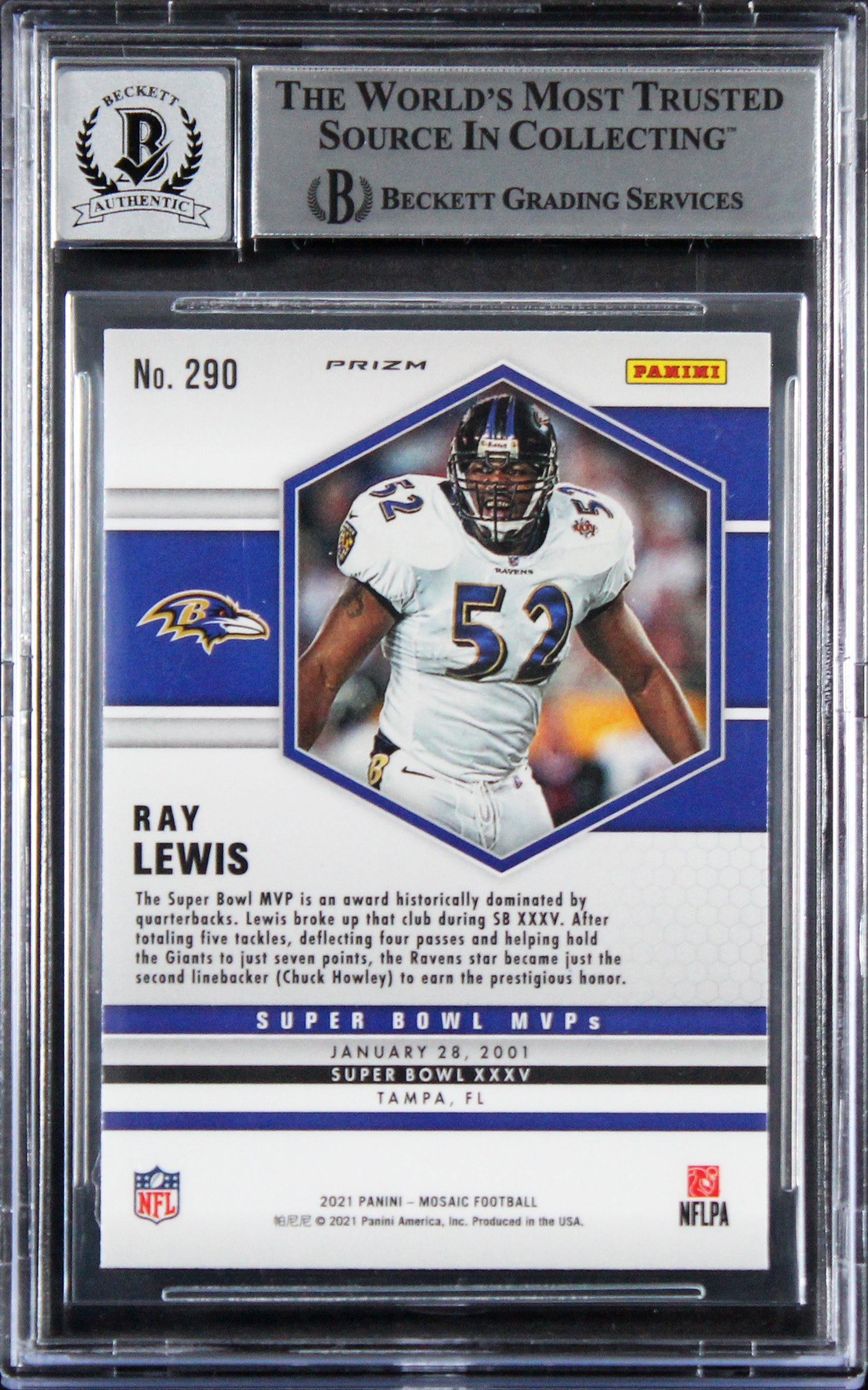 Ravens Ray Lewis Signed 2021 Panini Mosaic Green #290 Card Auto 10! BAS Slabbed