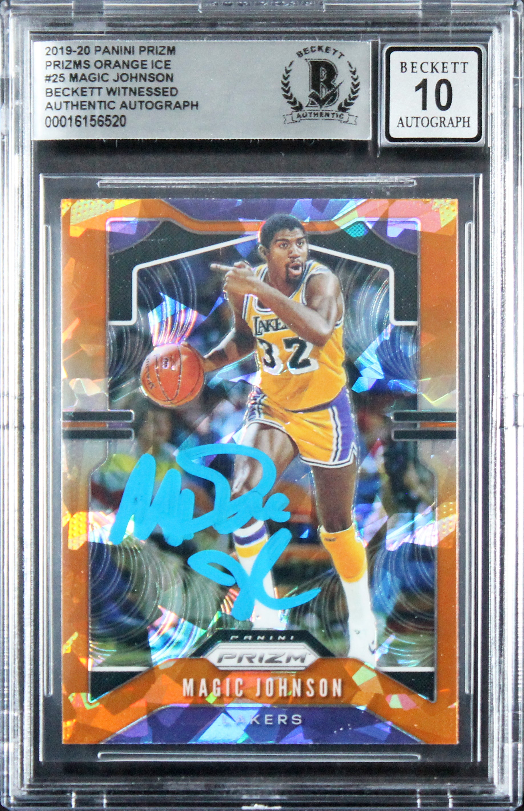 Lakers Magic Johnson Signed 2019 Panini Prizm Orange #25 Card Auto 10! BAS Slab