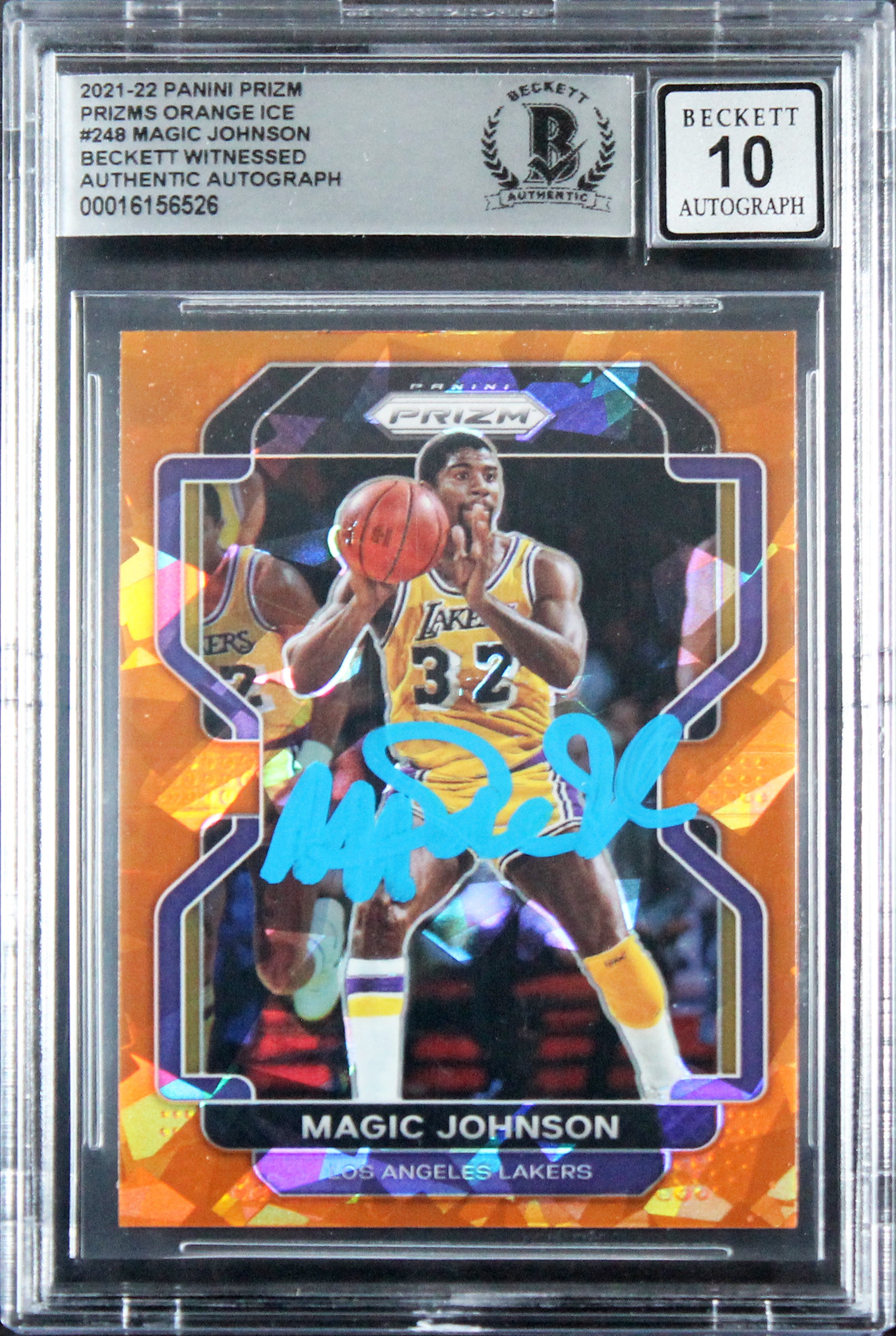 Lakers Magic Johnson Signed 2021 Panini Prizm Orange #248 Card Auto 10! BAS Slab