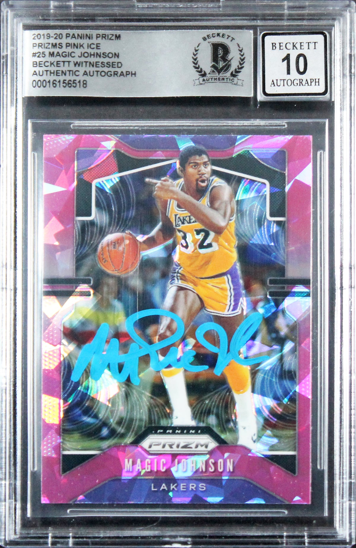 Lakers Magic Johnson Signed 2019 Panini Prizm Pink Ice #25 Card Auto 10 BAS Slab