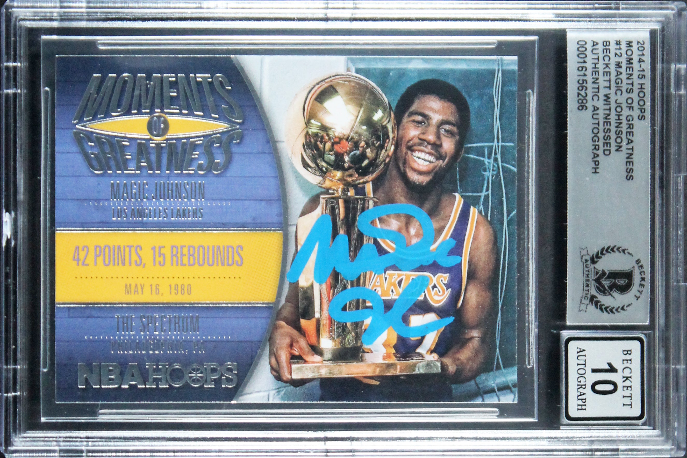 Lakers Magic Johnson Signed 2014 Hoops Moments #12 Card Auto 10! BAS Slabbed