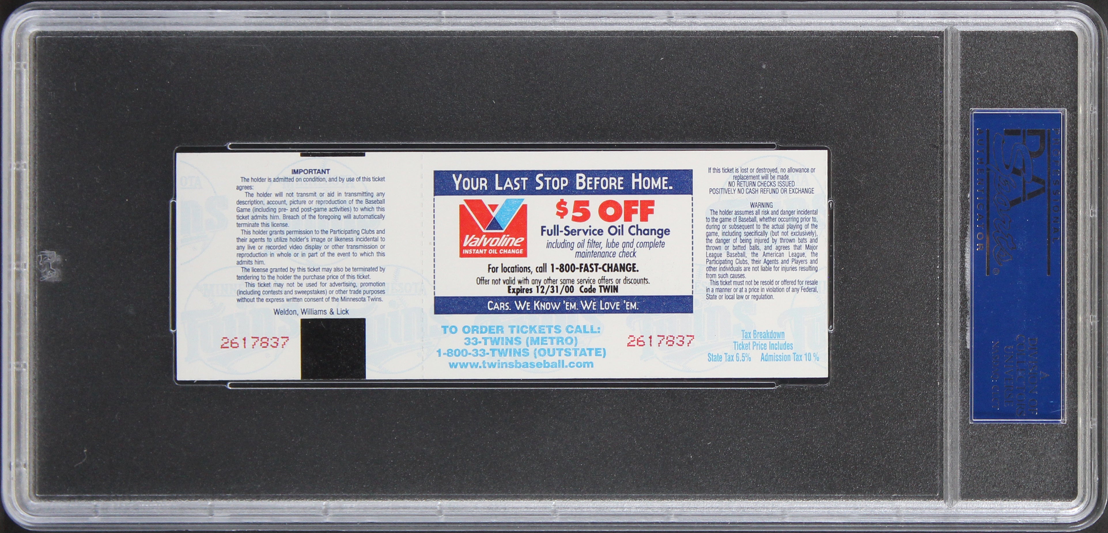 Cal Ripken Jr. 3,000 Hit Twins Vs. Orioles Ticket Stub Graded 10 PSA Slabbed