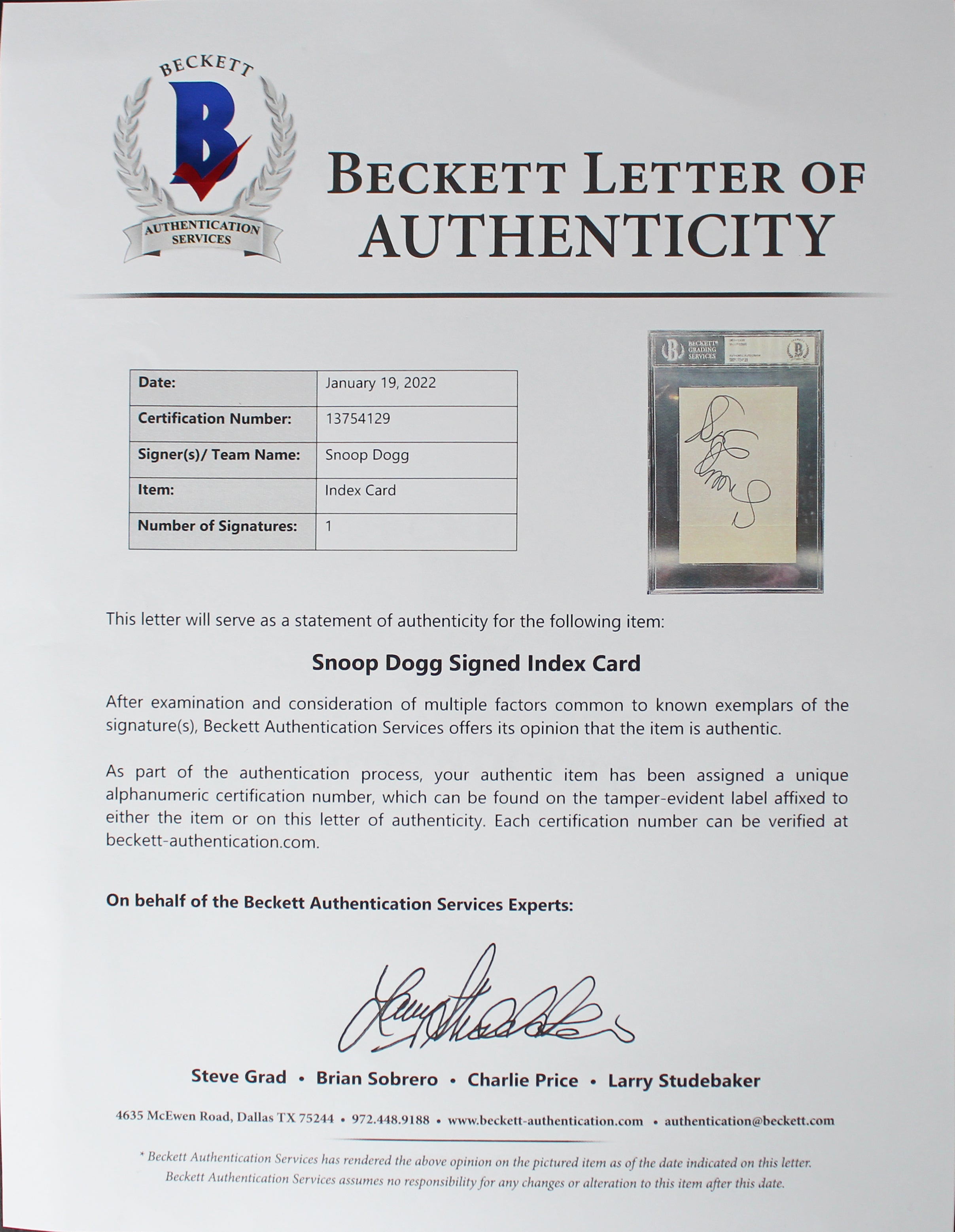 Snoop Dogg Rapper & Actor Authentic Signed 4x6 Index Card BAS Slabbed