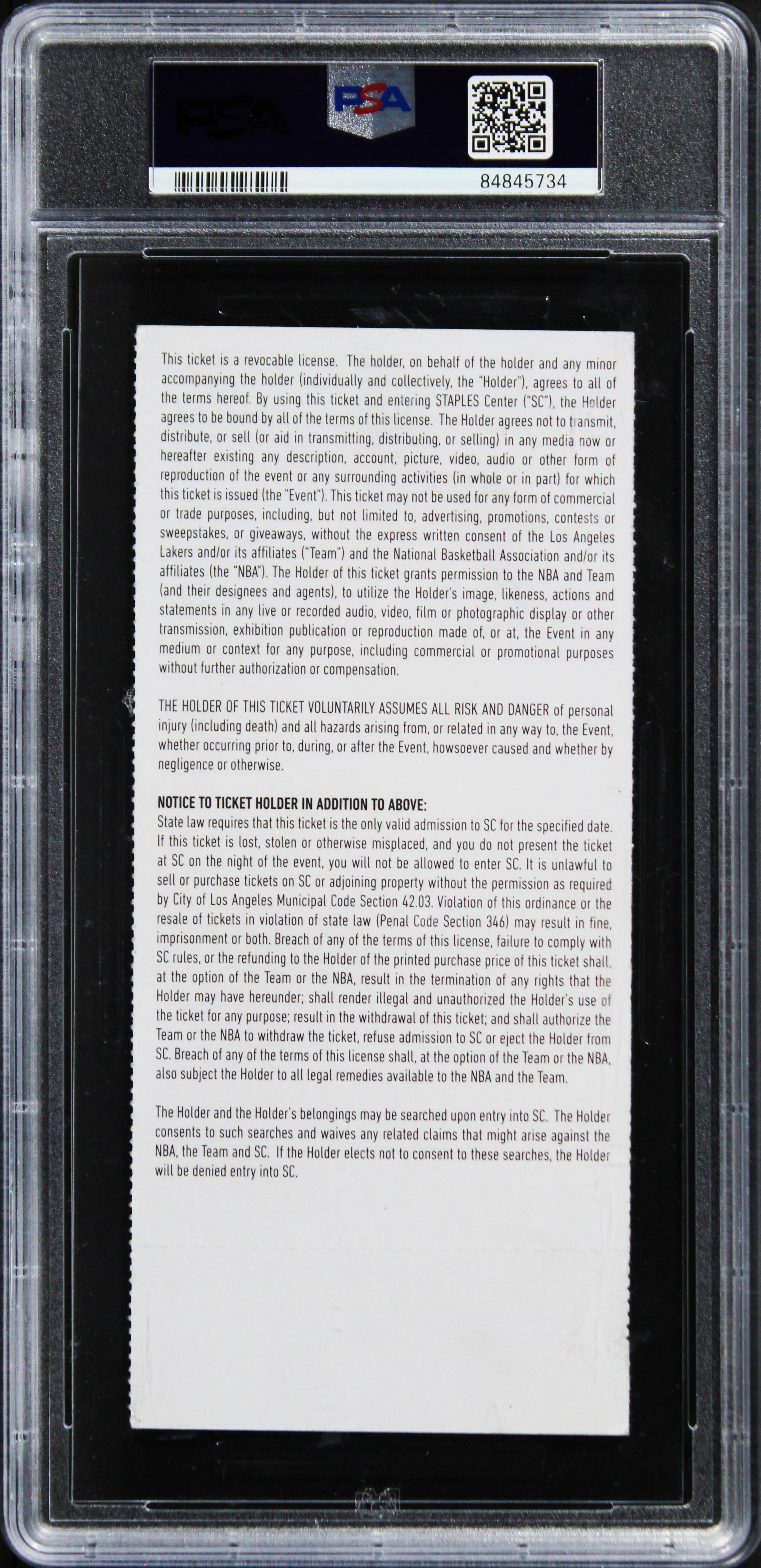 Lakers Kobe Bryant Signed 2016 Final Season Full Ticket Stub PSA Slabbed