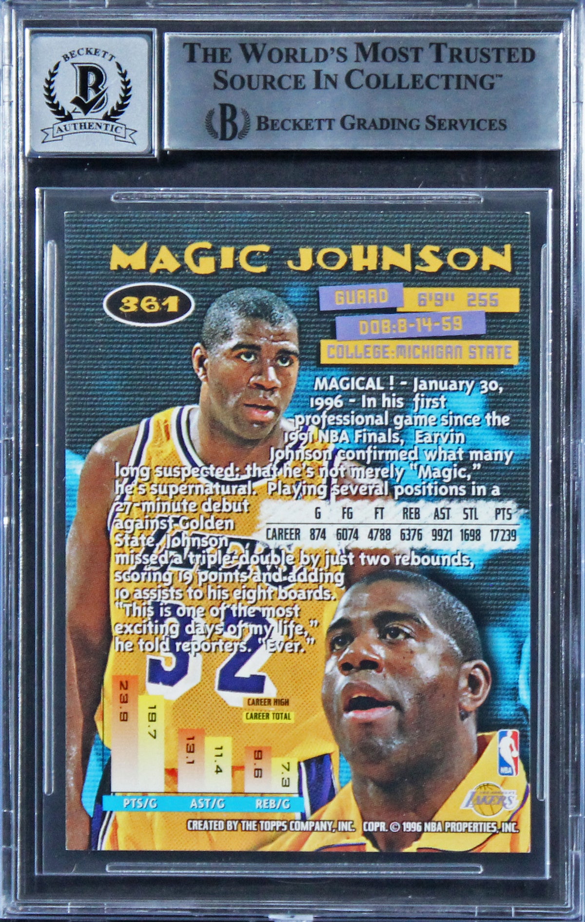 Lakers Magic Johnson Signed 1995 Stadium Club #361 Card Auto 10! BAS Slabbed