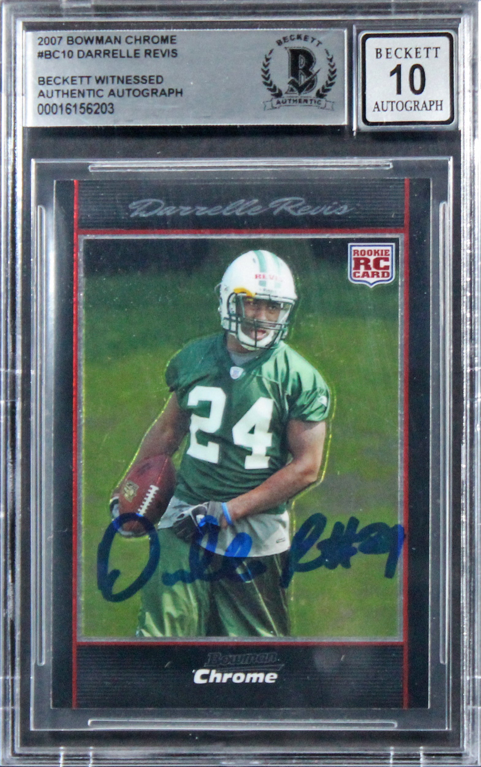 Jets Darrelle Revis Signed 2007 Bowman Chrome #BC10 RC Card Auto 10! BAS Slabbed