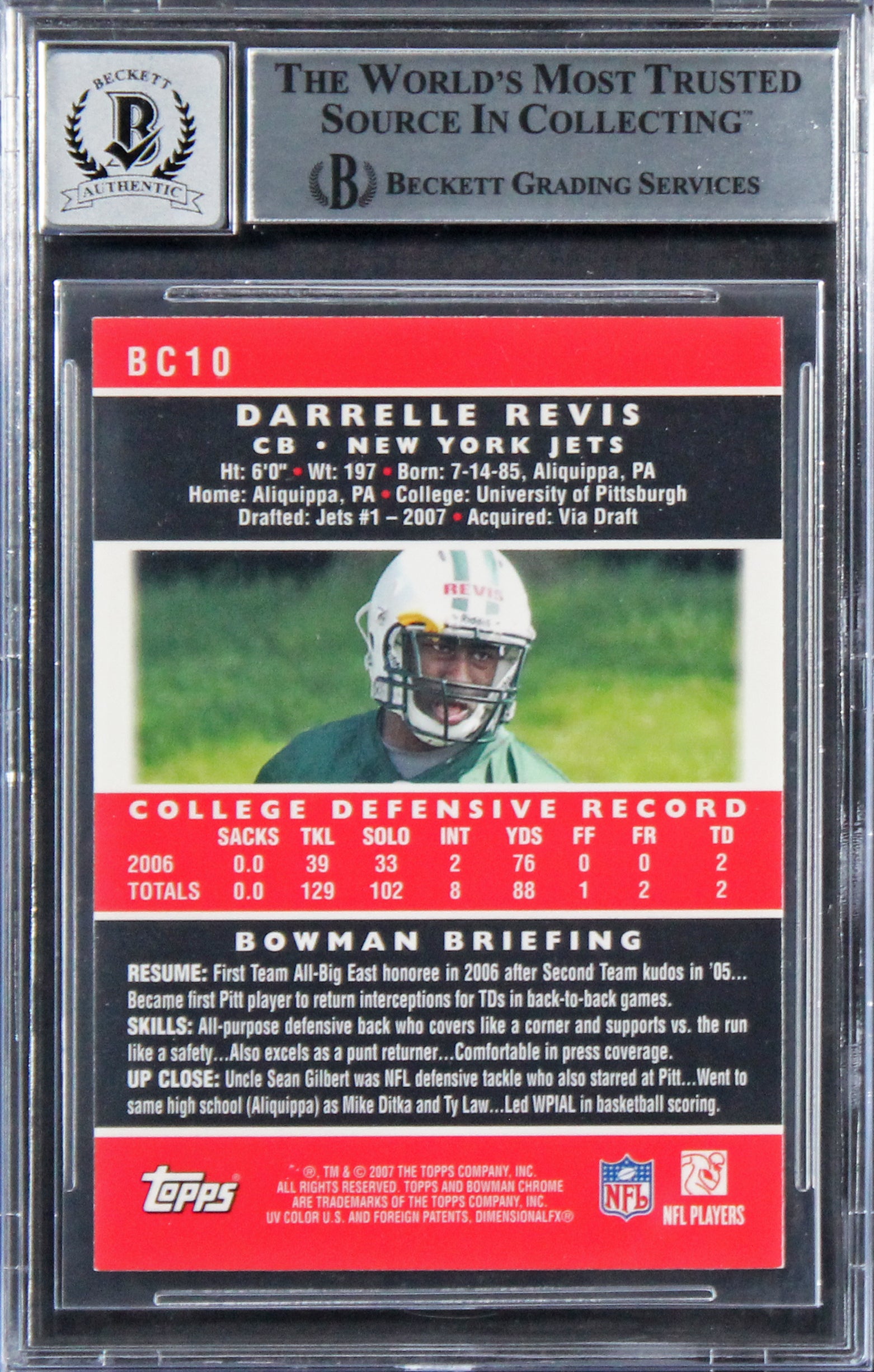 Jets Darrelle Revis Signed 2007 Bowman Chrome #BC10 RC Card Auto 10! BAS Slabbed