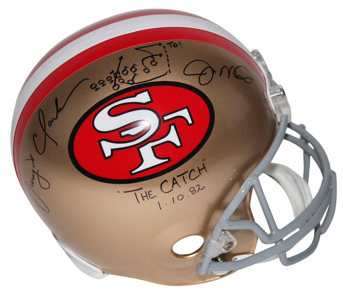 Joe Montana & Dwight Clark Signed F/S Rep Helmet W/ Hand Drawn Play BAS Witness