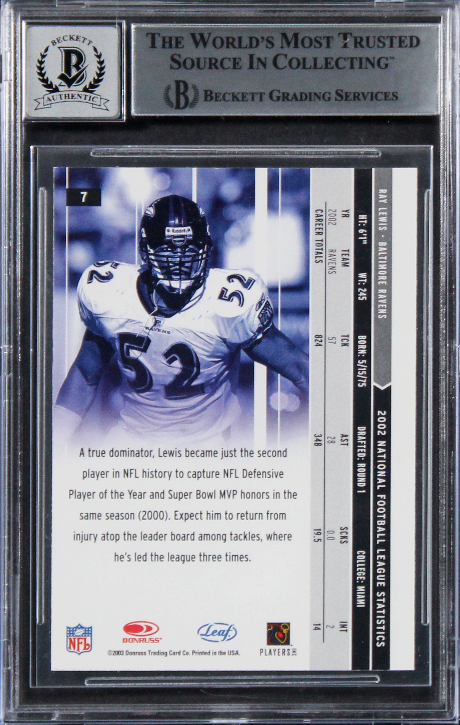 Ravens Ray Lewis Signed 2003 Leaf Rookies & Stars #7 Card Auto 10! BAS Slabbed