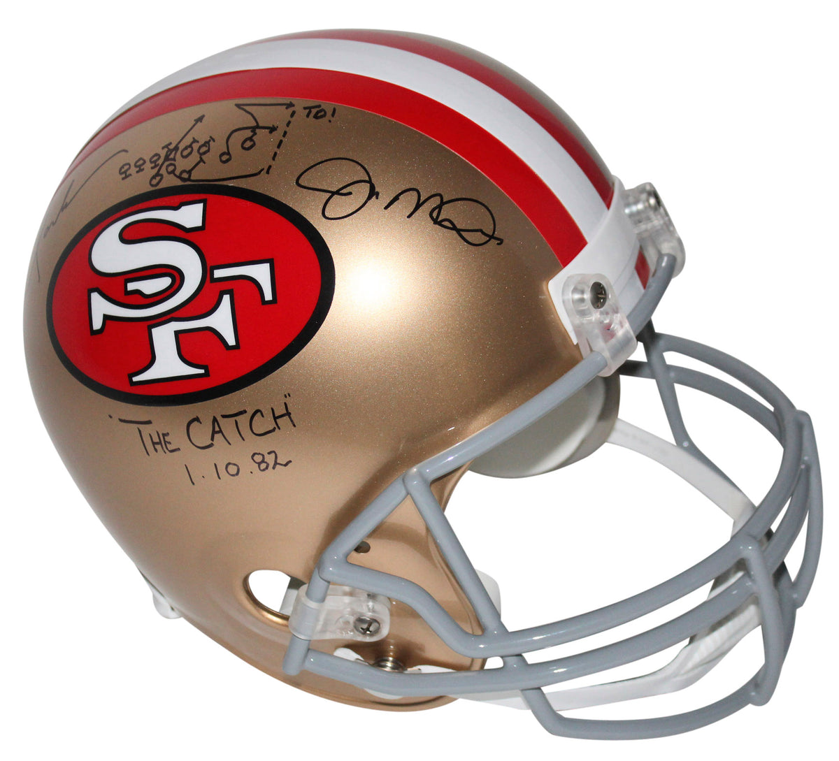 Joe Montana & Dwight Clark Signed F/S Rep Helmet W/ Hand Drawn Play BAS Witness