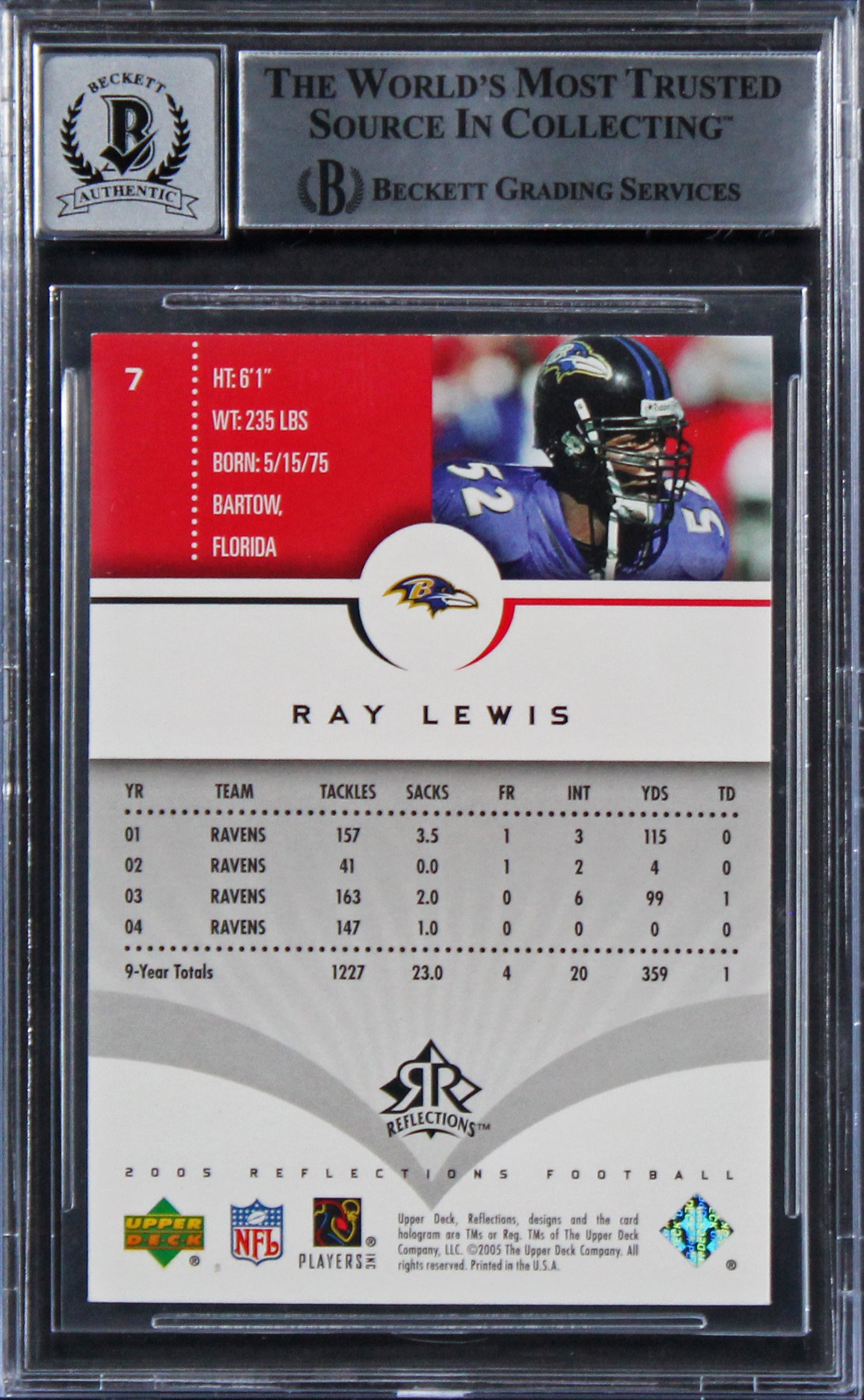 Ravens Ray Lewis Authentic Signed 2005 Reflections #7 Card Auto 10! BAS Slabbed