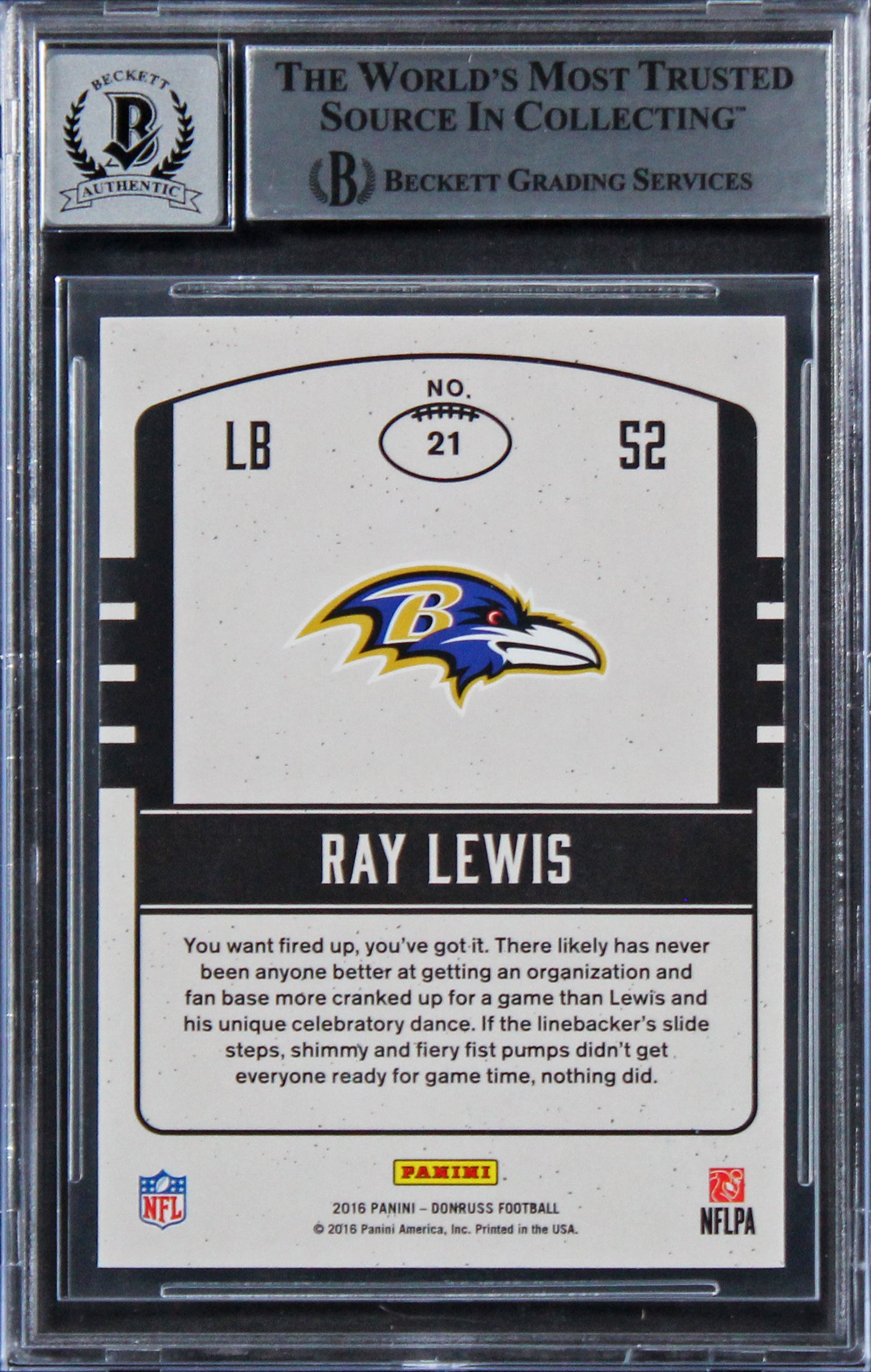 Ravens Ray Lewis Signed 2016 Donruss #21 Card Auto Graded 10! BAS Slabbed