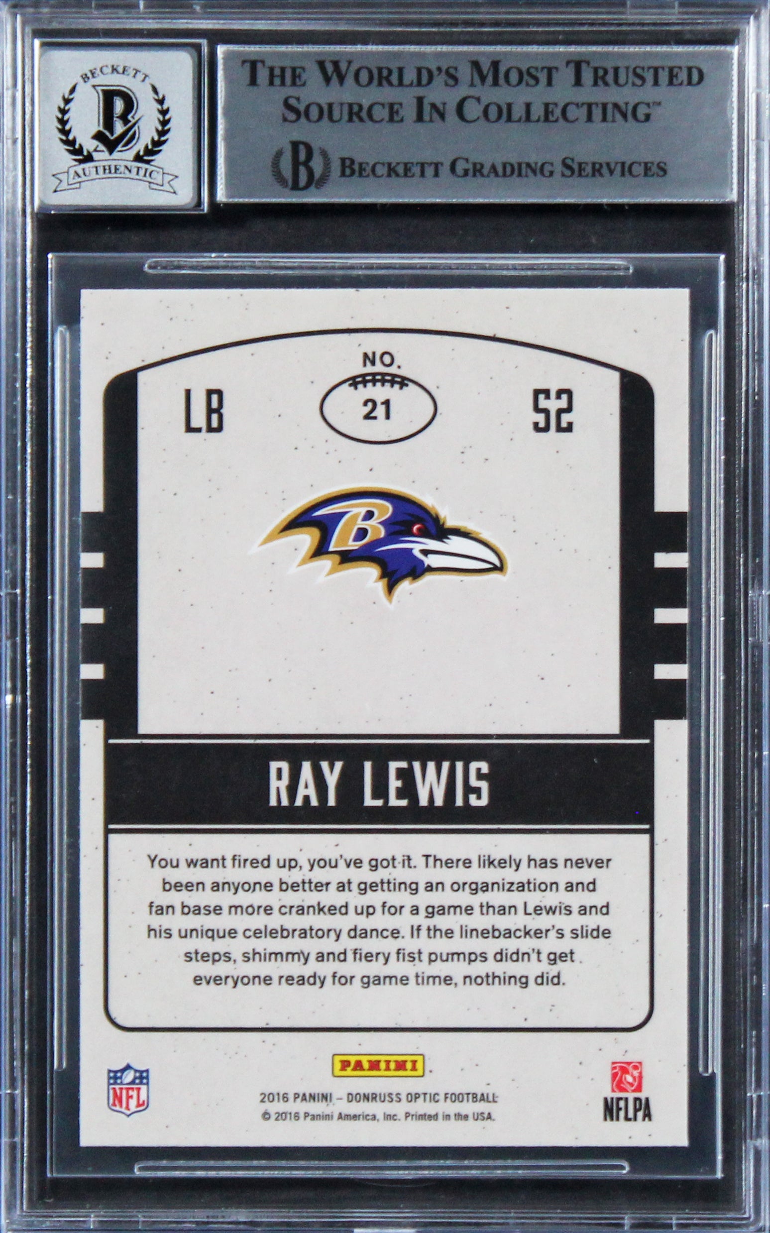 Ravens Ray Lewis Signed 2016 Donruss Optic #21 Card Auto 10! BAS Slabbed