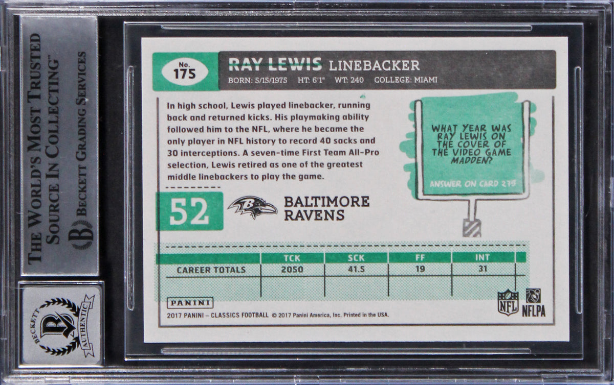 Ravens Ray Lewis Authentic Signed 2017 Classics #175 Card Auto 10! BAS Slabbed
