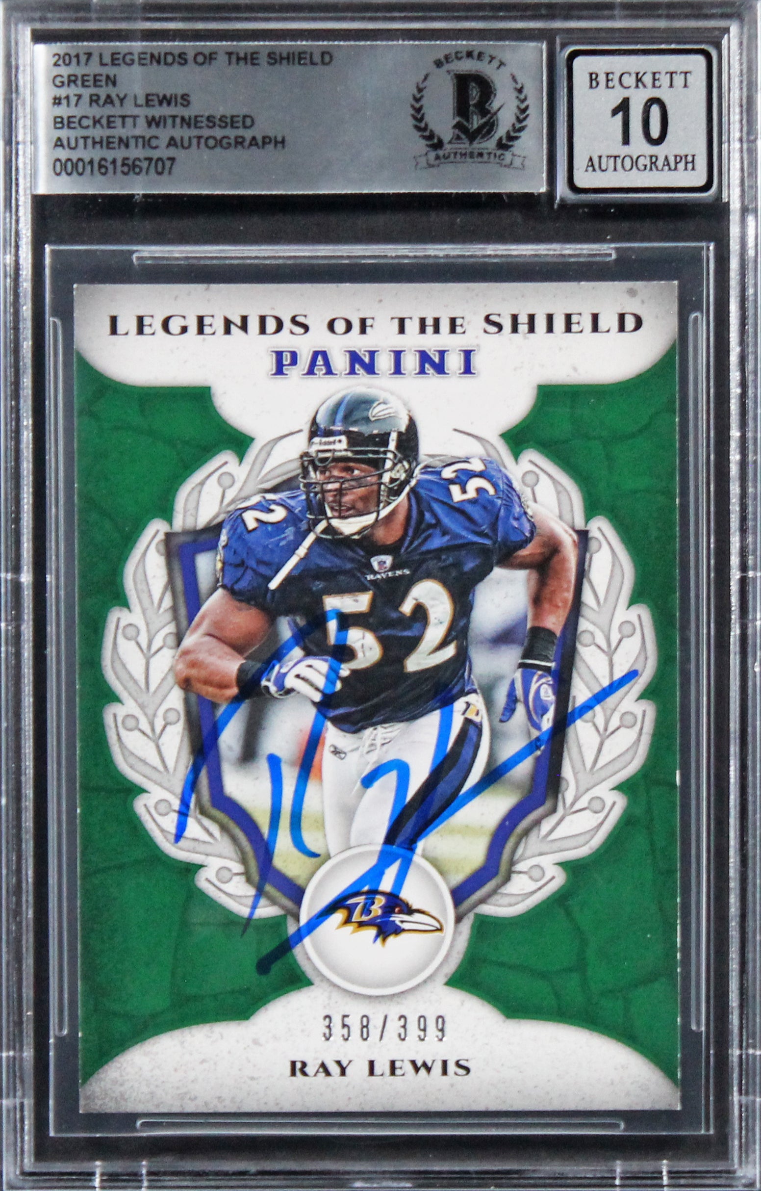 Ravens Ray Lewis Signed 2017 Legends of the Shield #17 Card Auto 10! BAS Slabbed