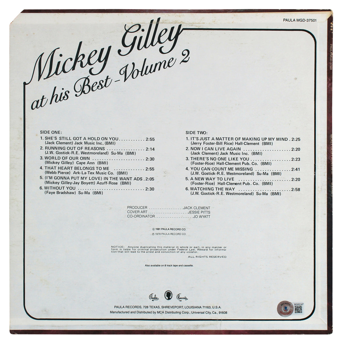 Mickey Gilley Authentic Signed At His Best Volume 2 Album Cover BAS #BG83147