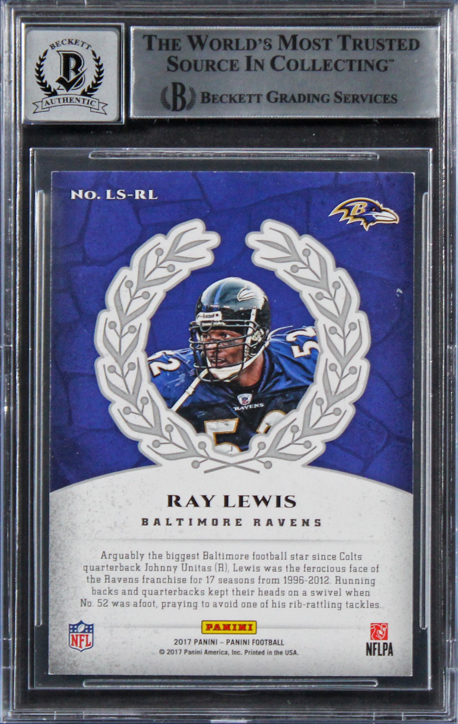 Ravens Ray Lewis Signed 2017 Legends of the Shield #17 Card Auto 10! BAS Slabbed