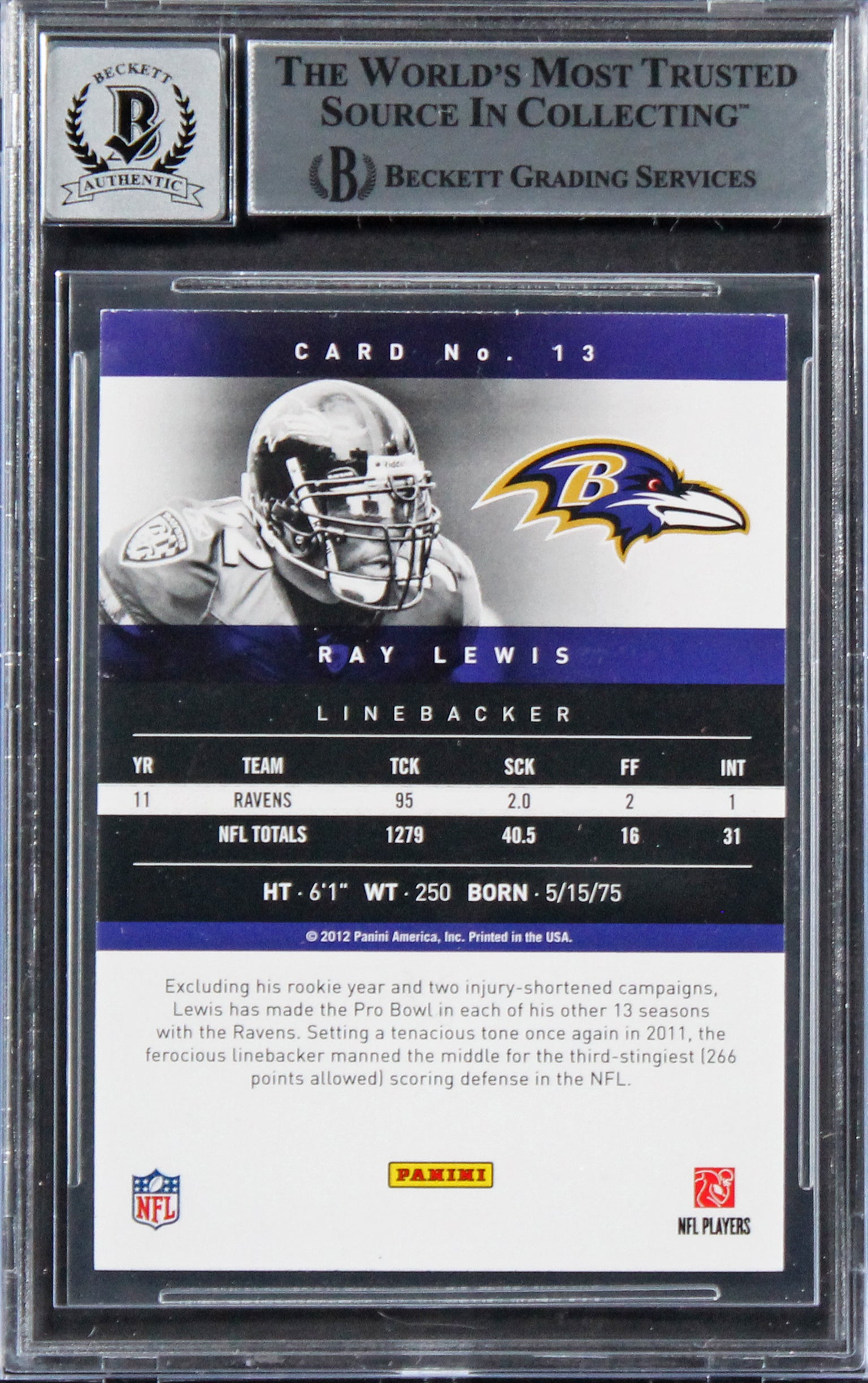 Ravens Ray Lewis Authentic Signed 2012 Prestige #13 Card Auto 10! BAS Slabbed