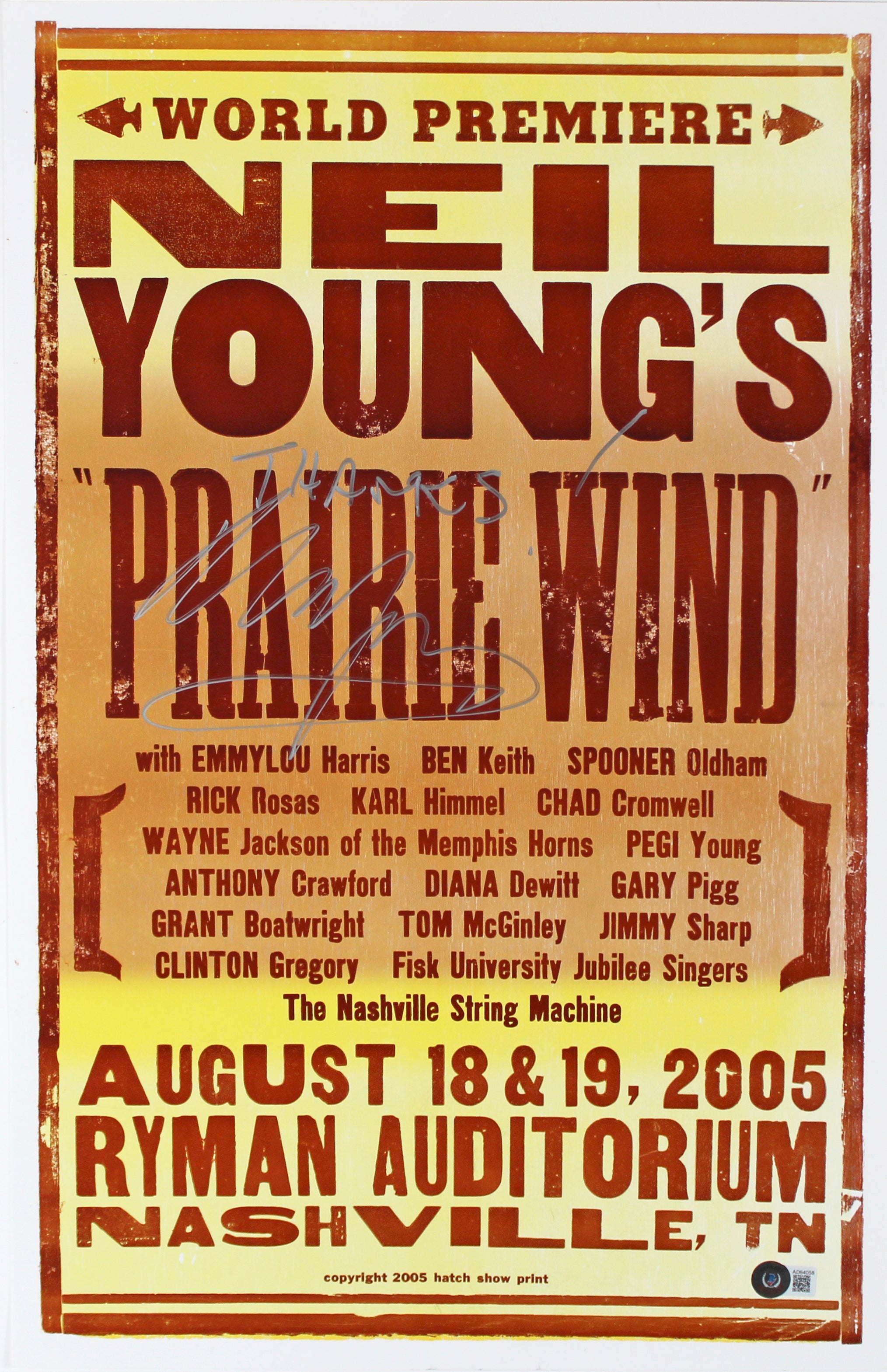 Neil Young Thanks! Authentic Signed 14x22 Prairie Wind Tour Poster BAS #AD64058